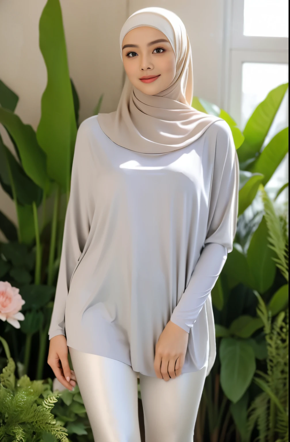 RAW, Best quality, high resolution, masterpiece: 1.3), beautiful Malay woman in hijab,Masterpiece, perfect slim fit body, (big breasts), big gorgeous eyes, Soft smile, wear a light grey very tight shirt & very tight transparent leggings, necklace, shairband, afternoon walk, City garden, Excellent lighting, Bright colors, Clean lines