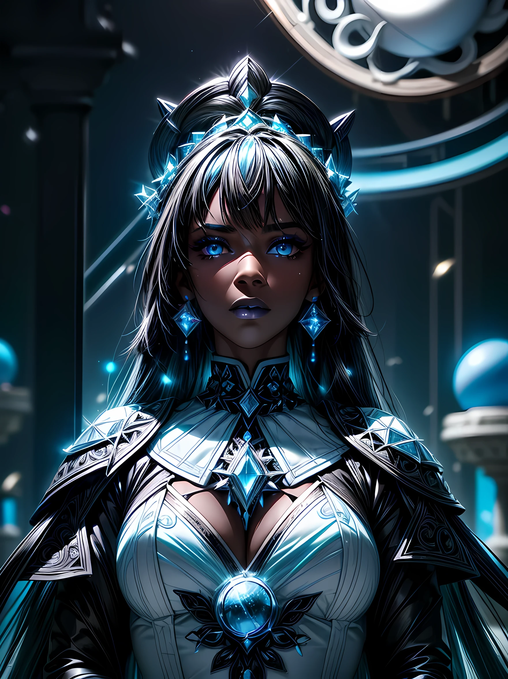 ((perfect whole body)), ((ultra photorealistic)), Top quality, ((Photorealistic)), 8K, High Definition, Unity 8K wallpaper, high res, ultra sharp, ((masterpiece)), best quality, ((intricate details)), (((detailed eyes))), (((perfect face))) (((detailed face))), masterpiece, highly detailed exquisite character art, melancholy lighting, ((cinematic light)), ultra-realistic, female goddess of glass, shattered glass, intricate design, neon iridescent clothing, plastic, neon glitter, confetti, (((black skin))), black complexion, (dark complexion), dark skin, neon blue eyes, white hair with light blue highlights, white lipstick, glass ball, glass orb, blue earrings, deity, neon lights, glass particles, white eyelashes,