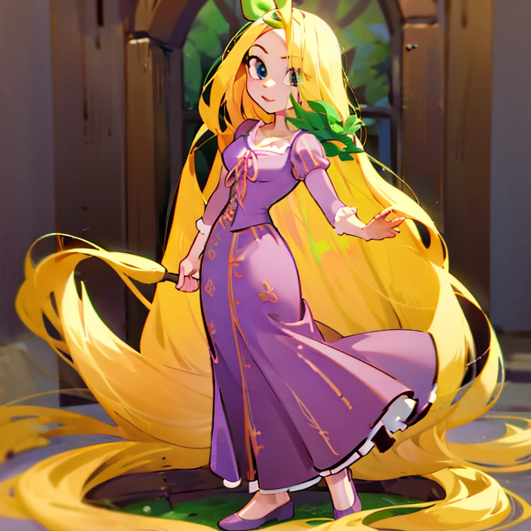 Fusion between Rapunzel from disney and Yotsuba Nakano, good fusion, excellent character design, masterpiece, 4k, perfect anatomy, perfect face, perfect eyes, 1girl, solo, full body, yotsuba nakano wearing rapunzel's dress, long long orange hair, green ribbon on hair, hair ribbon, blue eyes, athletic, muscular, purple rapunzel dress