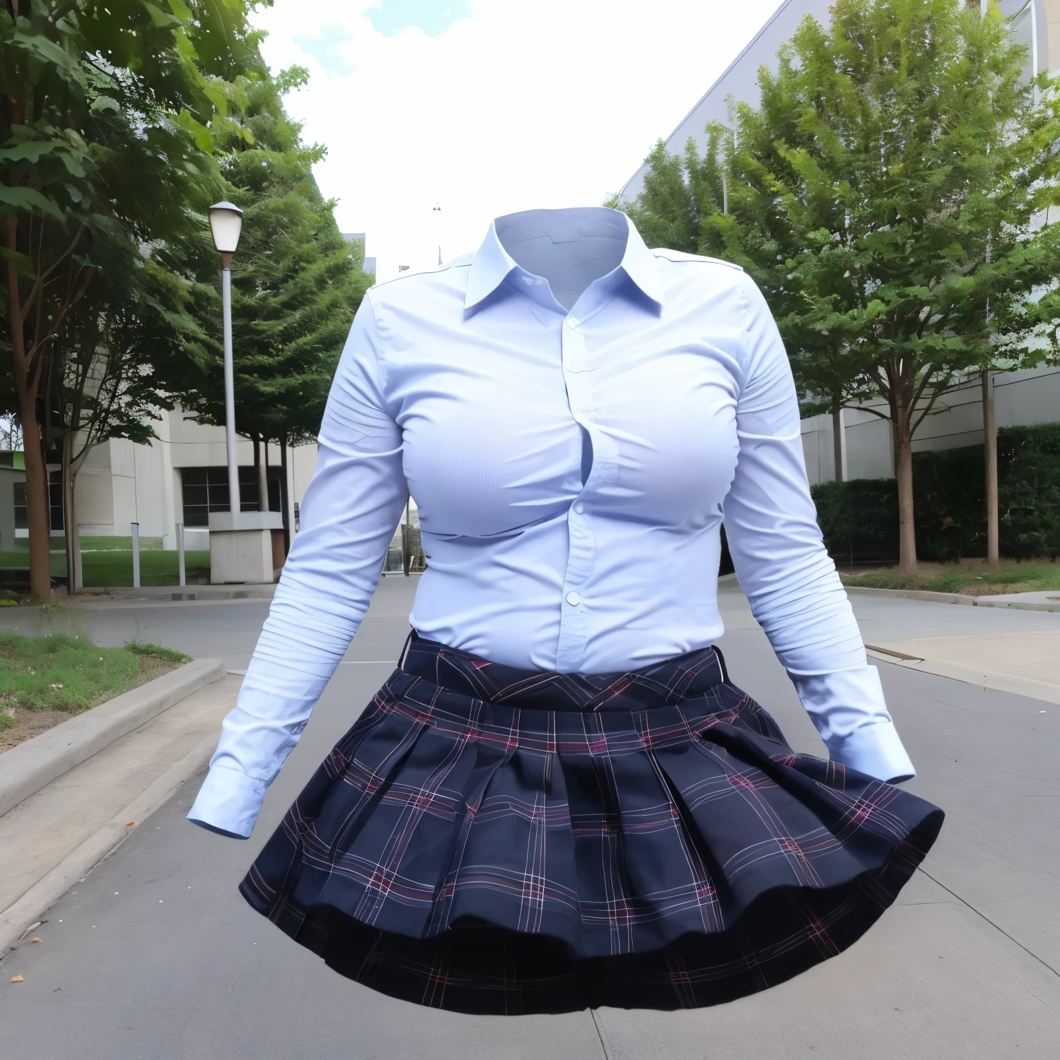 (school uniform), park, cute pose, (invisible, no humans, headless, faceless:1.5), (close-up to breasts), cute big breasts, chubby, fat, plaid skirt, blue stripe tie, long sleeve, sitting in the air