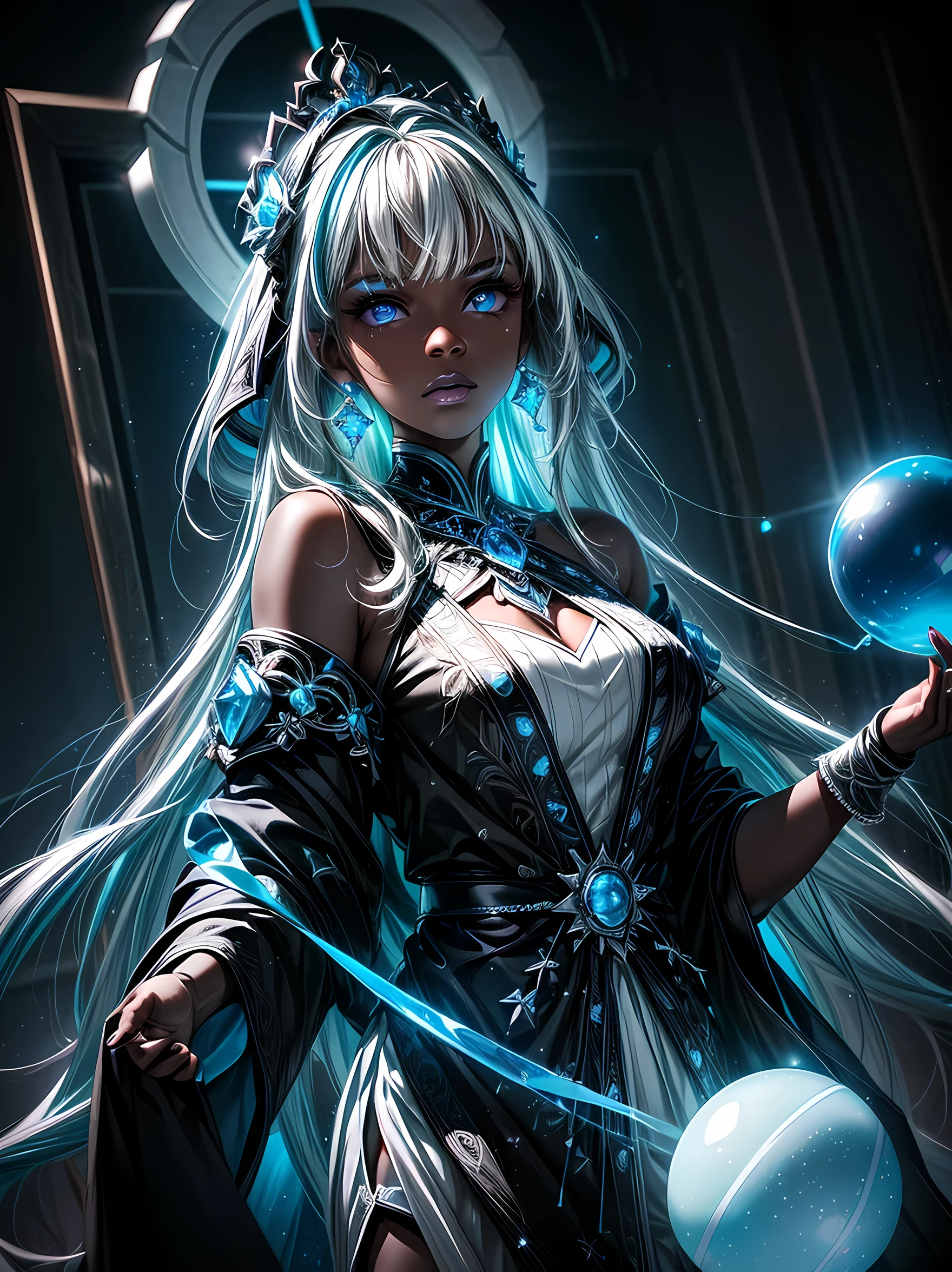 ((perfect whole body)), ((ultra photorealistic)), Top quality, ((Photorealistic)), 8K, High Definition, Unity 8K wallpaper, high res, ultra sharp, ((masterpiece)), best quality, ((intricate details)), (((detailed eyes))), (((perfect face))) (((detailed face))), masterpiece, highly detailed exquisite character art, melancholy lighting, ((cinematic light)), ultra-realistic, female goddess of glass, shattered glass, intricate design, neon iridescent clothing, plastic, neon glitter, confetti, (((black skin))), black complexion, (dark complexion), dark skin, neon blue eyes, white hair with light blue highlights, white lipstick, glass ball, glass orb, blue earrings, deity, neon lights, glass particles, white eyelashes,