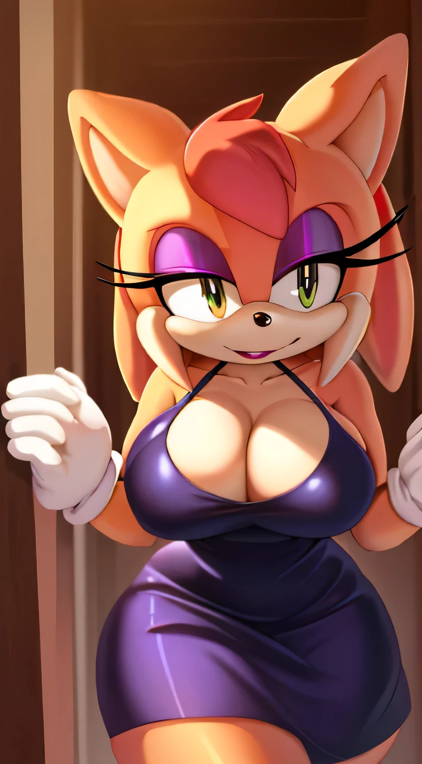 (masterpiece), (8k, high resolution), sonic, vanilla the rabbit fusion with amy rose fusion with rouge the bat, sexy, cleavage, wearing sexy dress, dark clothing, eyeshadow, eyelashes, menacing look, sultry, dark room