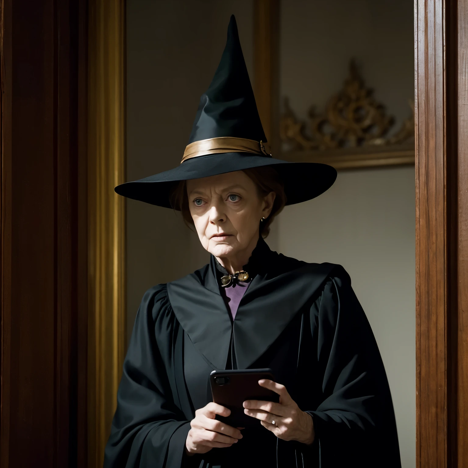 Professor McGonagall played by Maggie Smith,Wearing witch costume,holding cell phone,middle-aged witch,Harry Potter stills