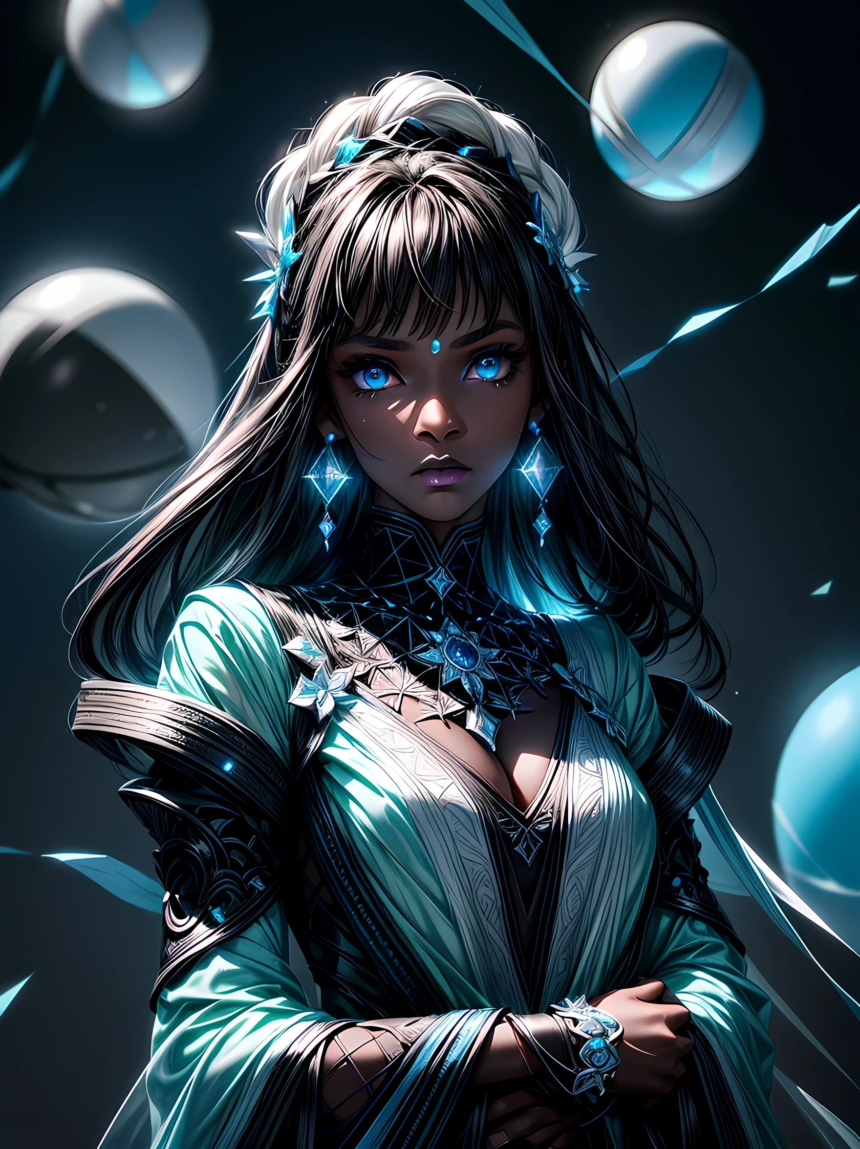 ((perfect whole body)), ((ultra photorealistic)), Top quality, ((Photorealistic)), 8K, High Definition, Unity 8K wallpaper, high res, ultra sharp, ((masterpiece)), best quality, ((intricate details)), (((detailed eyes))), (((perfect face))) (((detailed face))), masterpiece, highly detailed exquisite character art, melancholy lighting, ((cinematic light)), ultra-realistic, female goddess of glass, shattered glass, intricate design, neon iridescent clothing, plastic, neon glitter, confetti, (((black skin))), black complexion, (dark complexion), dark skin, neon blue eyes, white hair with light blue highlights, white lipstick, glass ball, glass orb, blue earrings, deity, neon lights, glass particles, white eyelashes,
