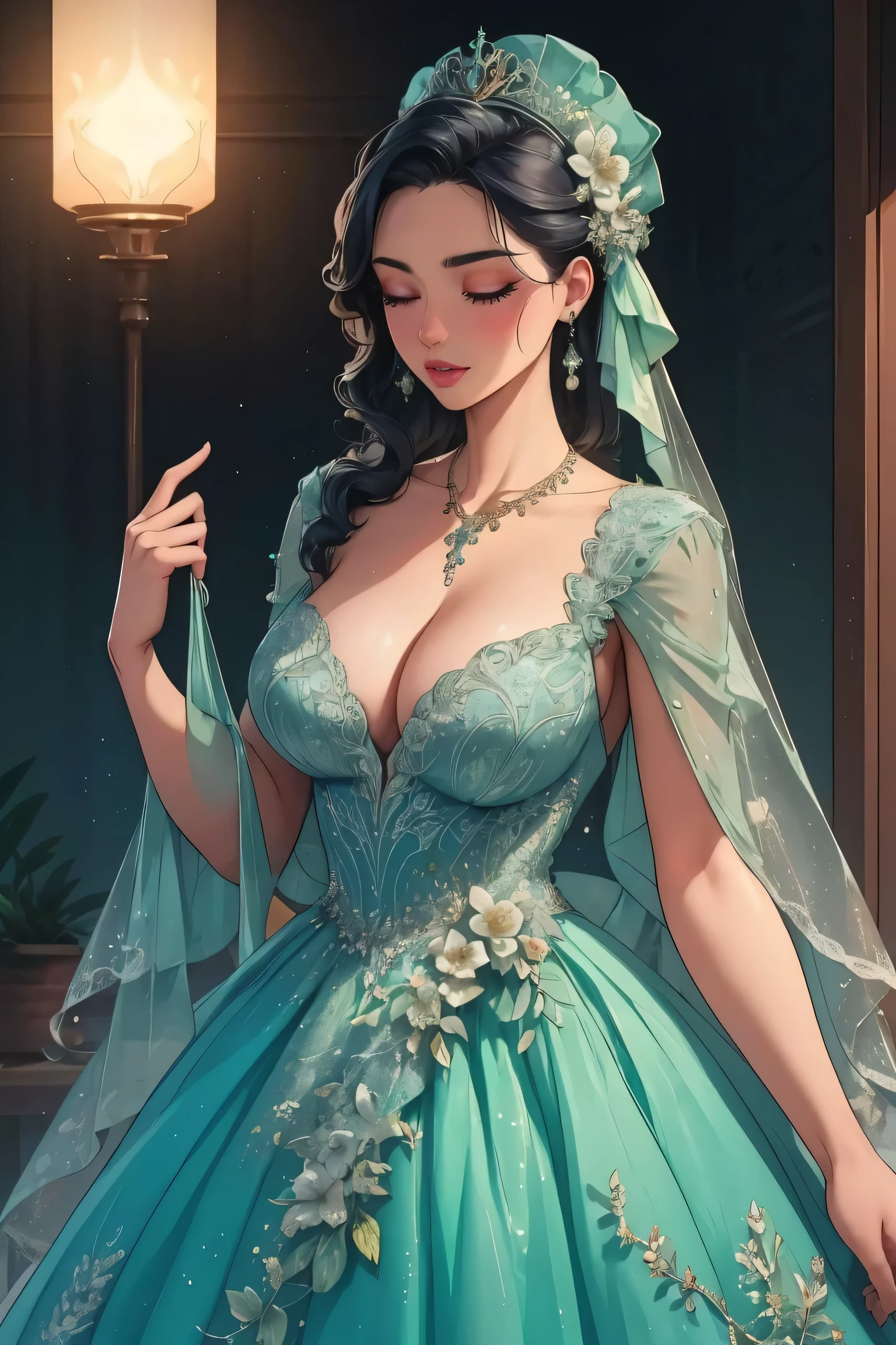 masterpiece, glowing,1 woman, wrenchelegadome, hair ornament, jewelry, black dress, ballgown, ,large breast, cleavage