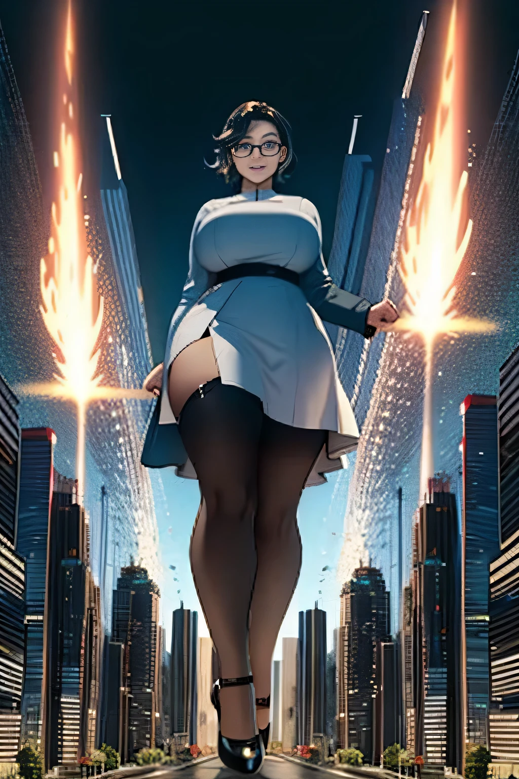 Giantの芸術, 非常に詳細なGiantショット, Giant, short hair, black pantyhose, A giant princess much bigger than a skyscraper, wearing rimless glasses, big breasts, big ass, White luxury dress, white pantyhose, white high heels, very small metropolis, miniature metropolis, full body description, ＧＴＳ, ギガGiant, Stomping City, crash city, Small town, micro city, shine, 