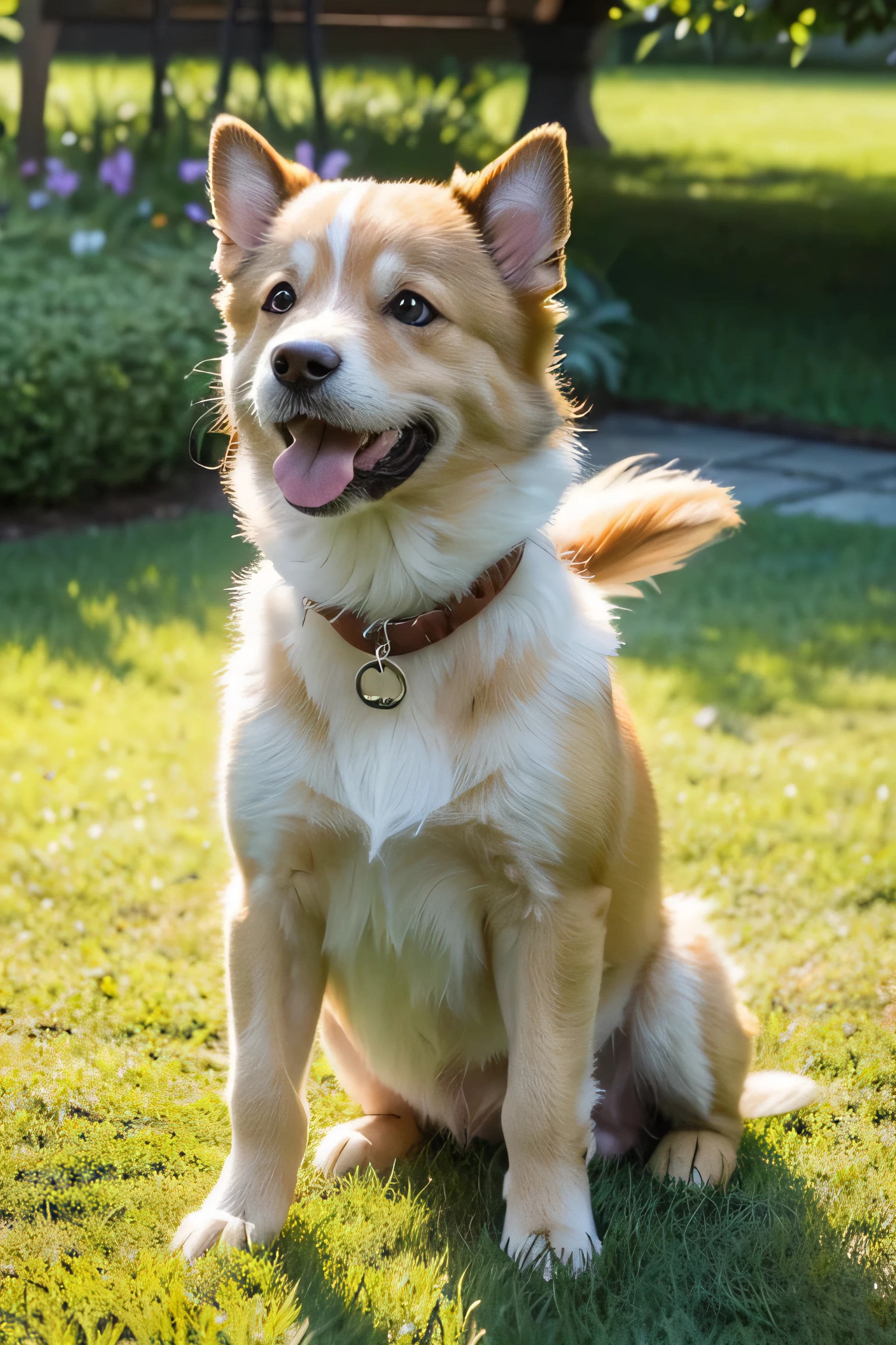 "A tranquil and authentic depiction of a dog enjoying a peaceful afternoon in a lush backyard. Imagine an environment where sunlight casts warmth, Vibrant greens radiate alluringly on well-tended lawns. dog in motion, Maybe in a chase or a jump, its fur catches the sun, Create a natural glow. This dog&#39;s expression is one of pure joy，Its energy is palpable, But the atmosphere remains calm and peaceful. Scenes should be captured in high resolution, Emphasis on the natural play of light and shadow，Giving depth to verdant surroundings，and give a playful dog a lively yet tranquil character."
