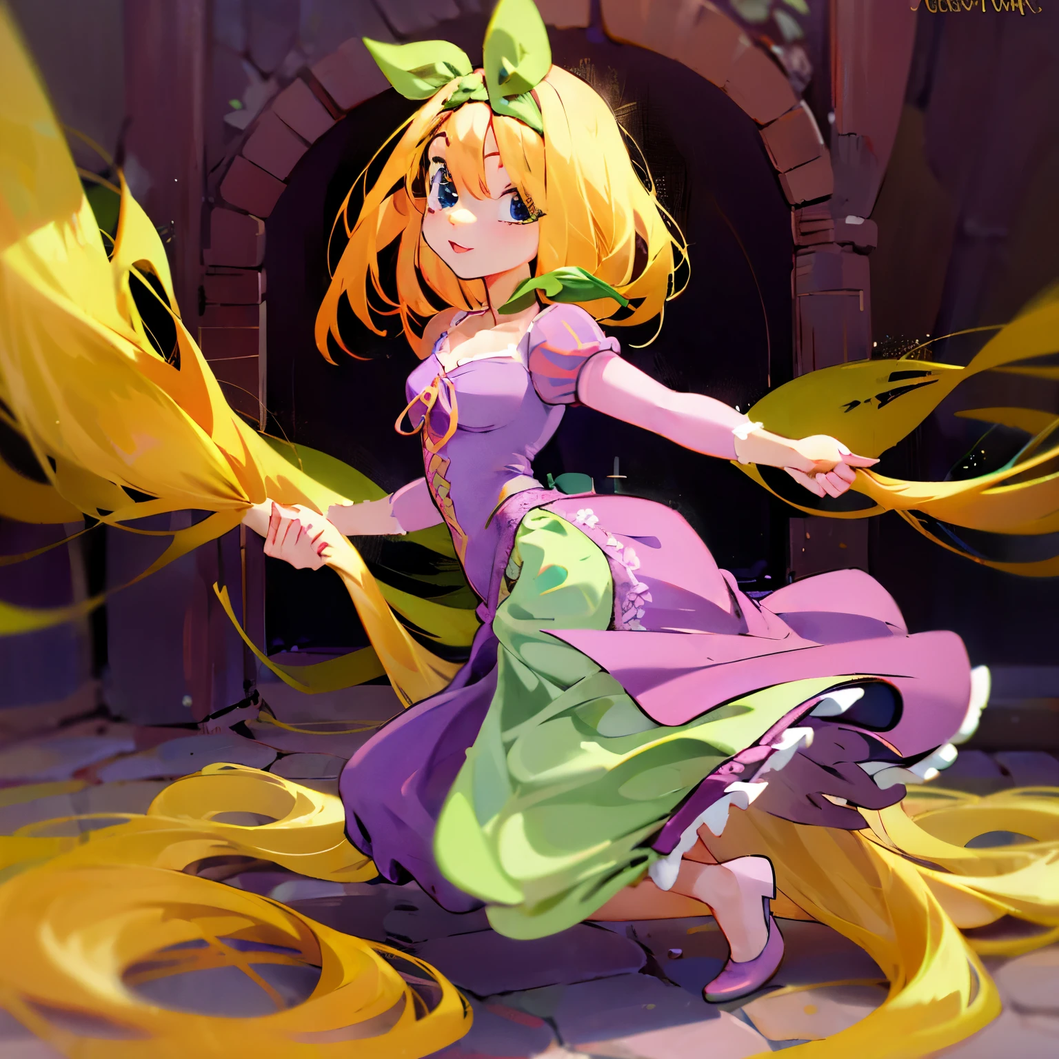 Fusion between Rapunzel from disney and Yotsuba Nakano, good fusion, excellent character design, masterpiece, 4k, perfect anatomy, perfect face, perfect eyes, 1girl, solo, full body, yotsuba nakano wearing rapunzel's dress, long long orange hair, green ribbon on hair, hair ribbon, blue eyes, athletic, muscular, purple rapunzel dress