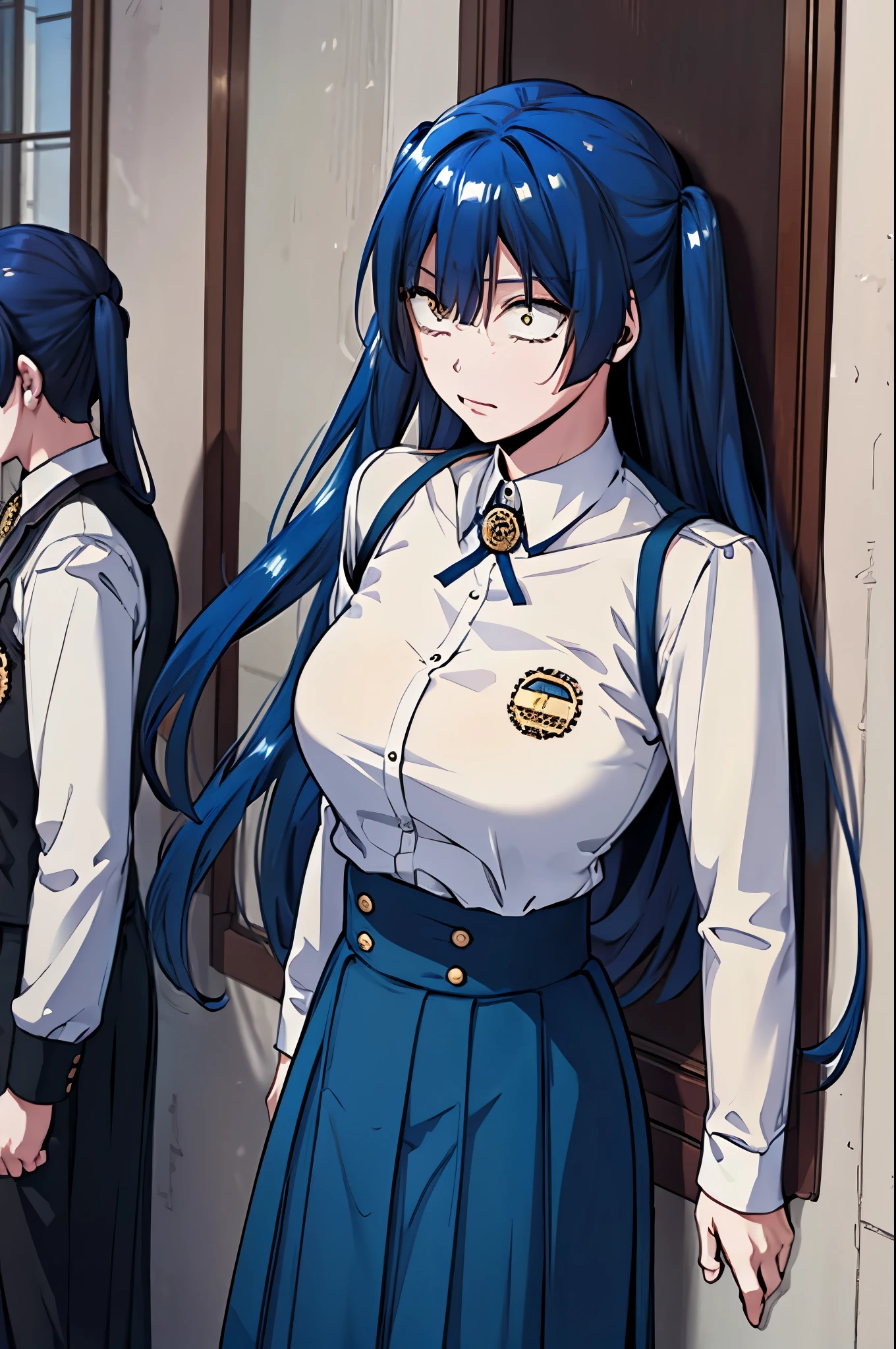 blue hair, yellow eyes, twintails, school uniform, shirt, very long skirt, suit