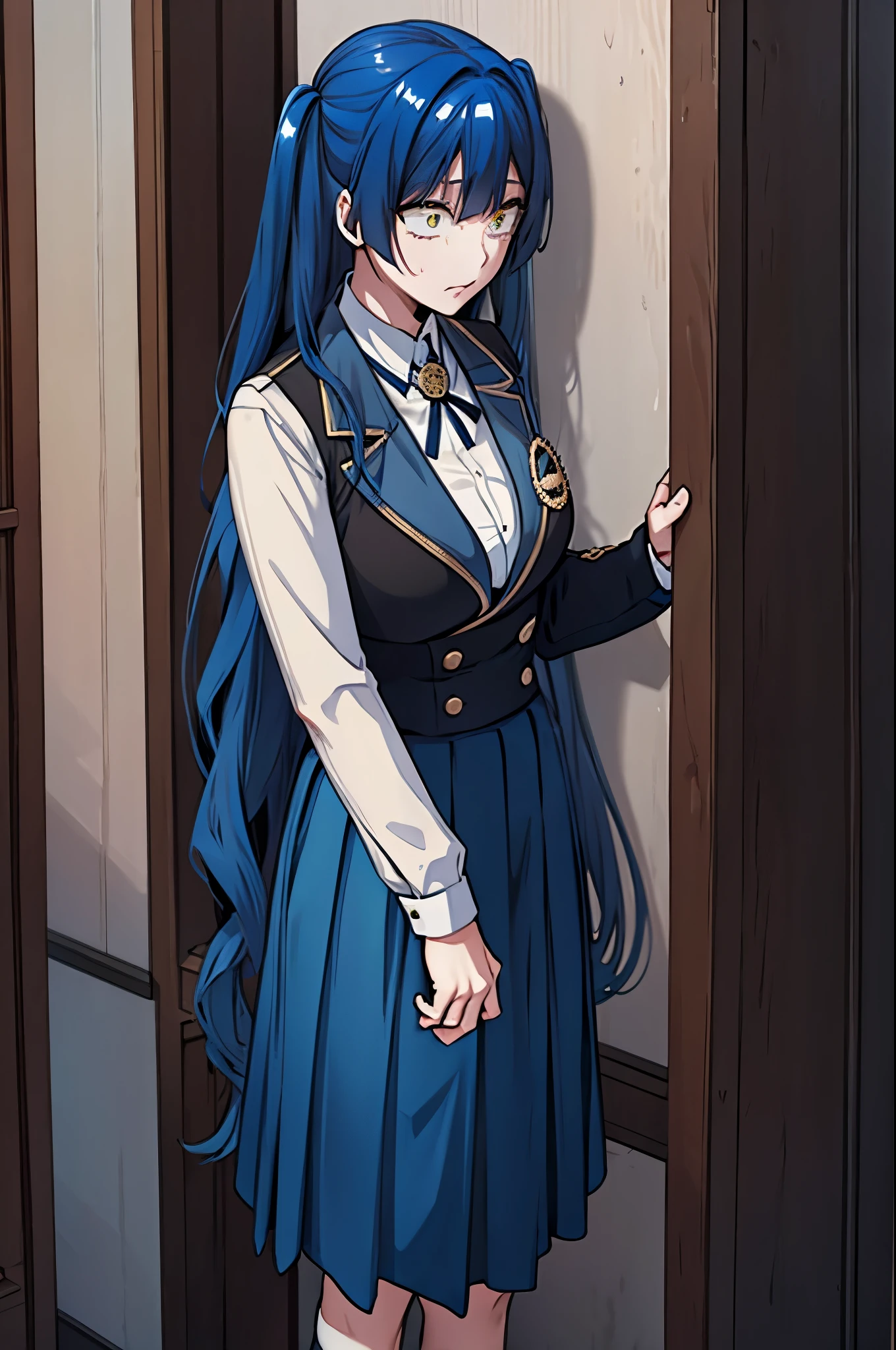 blue hair, yellow eyes, twintails, school uniform, shirt, very long skirt, suit