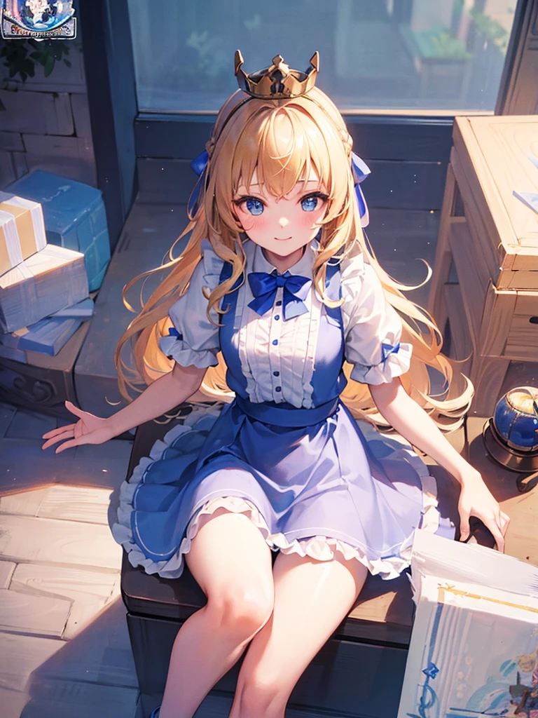 1girl、(masturbation、NSFW)、laughter、light blue dress、white apron、blonde hair、ribbon、clock、wonderland、(small breasts)、movement、no pants、show your chest、(pull your panties down to your knees,NSFW),SEX,masturbation、Pee、dildo、spread your legs wide、On your back、hymen、Open your with your fingers、