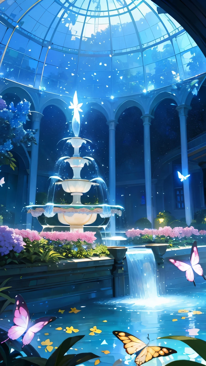 (top quality, masterpiece, ultra-realistic), night, starry skies, magical indoor botanical garden, dome, sparkling water fountain, lots of flowers, glowing butterflies, background landscape is a garden with petals and papas flying around. --v6