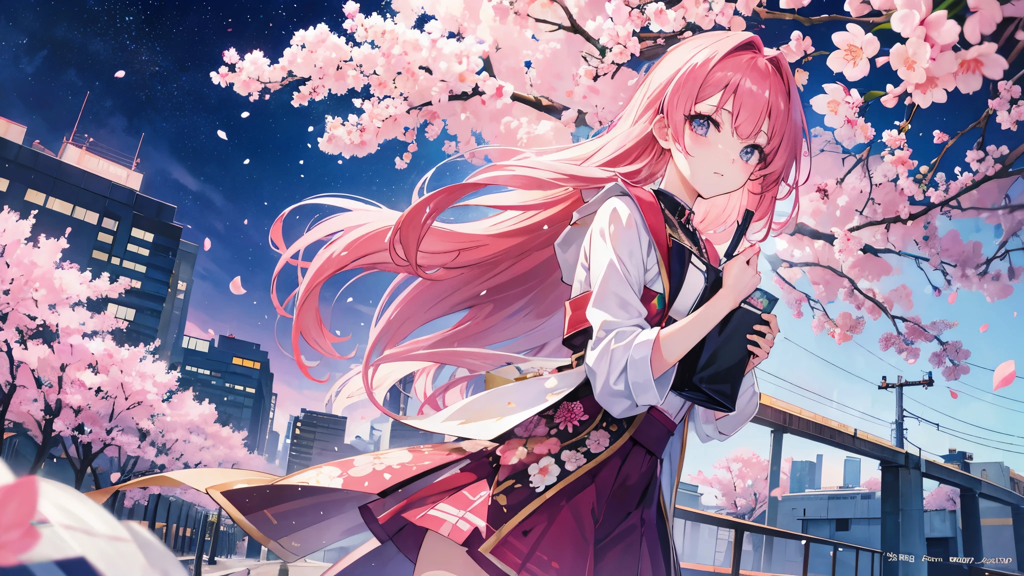 anime illustration、high resolution、Beauty、、gradation straight hair、Urban city、Sakura petals、movie scene