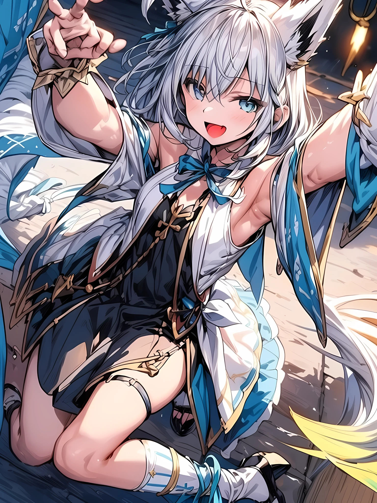 ((Shirakami Fubuki, /(Holographic live broadcast)))((white fox ears,White Fox Tail))((white short hair,ahog))((no human ears:1.0))((blue eyes))((a happy expression,open mouth,direction))((sleevelessdress,Chinese tunic suit,pelvic curtain,high slit dress,High heel))((navel))((Single leg garter ring))((one leg knee socks))((indoor,A room))((Extremely detailed CG, anime pictures,art cg))((dynamic angle,dynamic poses))(((self-shot))), More prisms, Vibrant colors,
