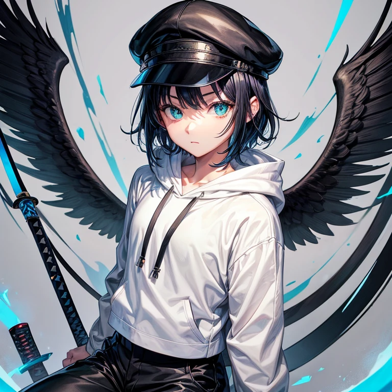 cool、(black angel wings)、Blue-black hair、(Japanese sword)、pants、white hoodie、short hair、green eyes、Student cap、neutral face、low length