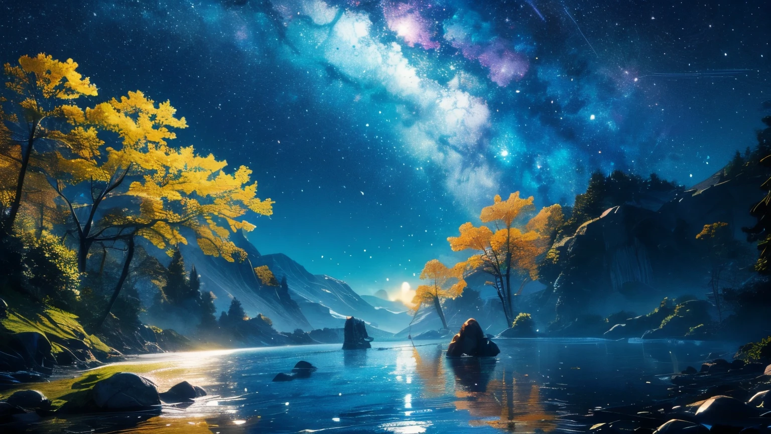 Cute girl characters、Describes a scene of leafy butterflies flying around on the water, Looking up at the starry sky. Surround her with colorful nebulae and colorful forests.