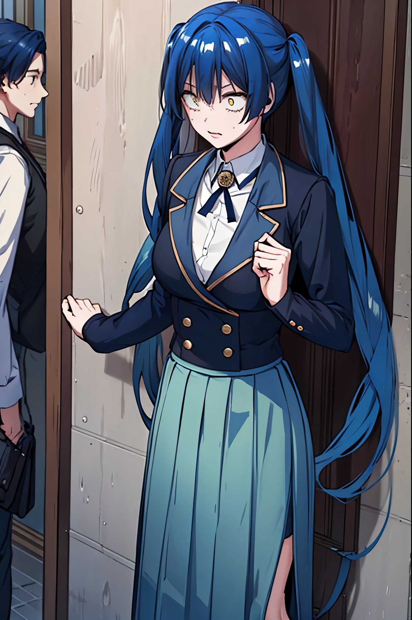 blue hair, yellow eyes, twintails, school uniform, shirt, very long skirt, suit