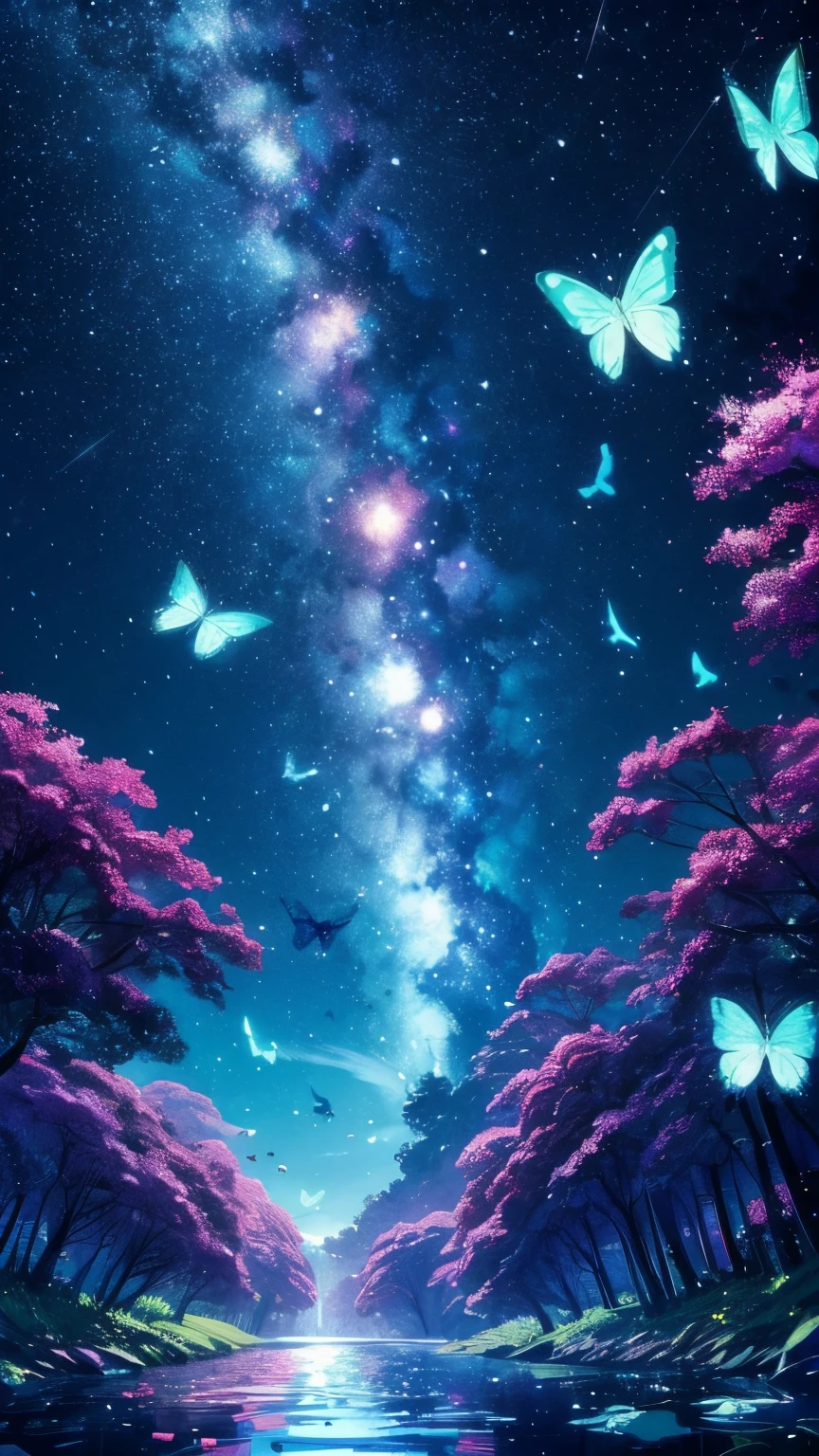 Cute girl characters、Describes a scene of leafy butterflies flying around on the water, Looking up at the starry sky. Surround her with colorful nebulae and colorful forests.