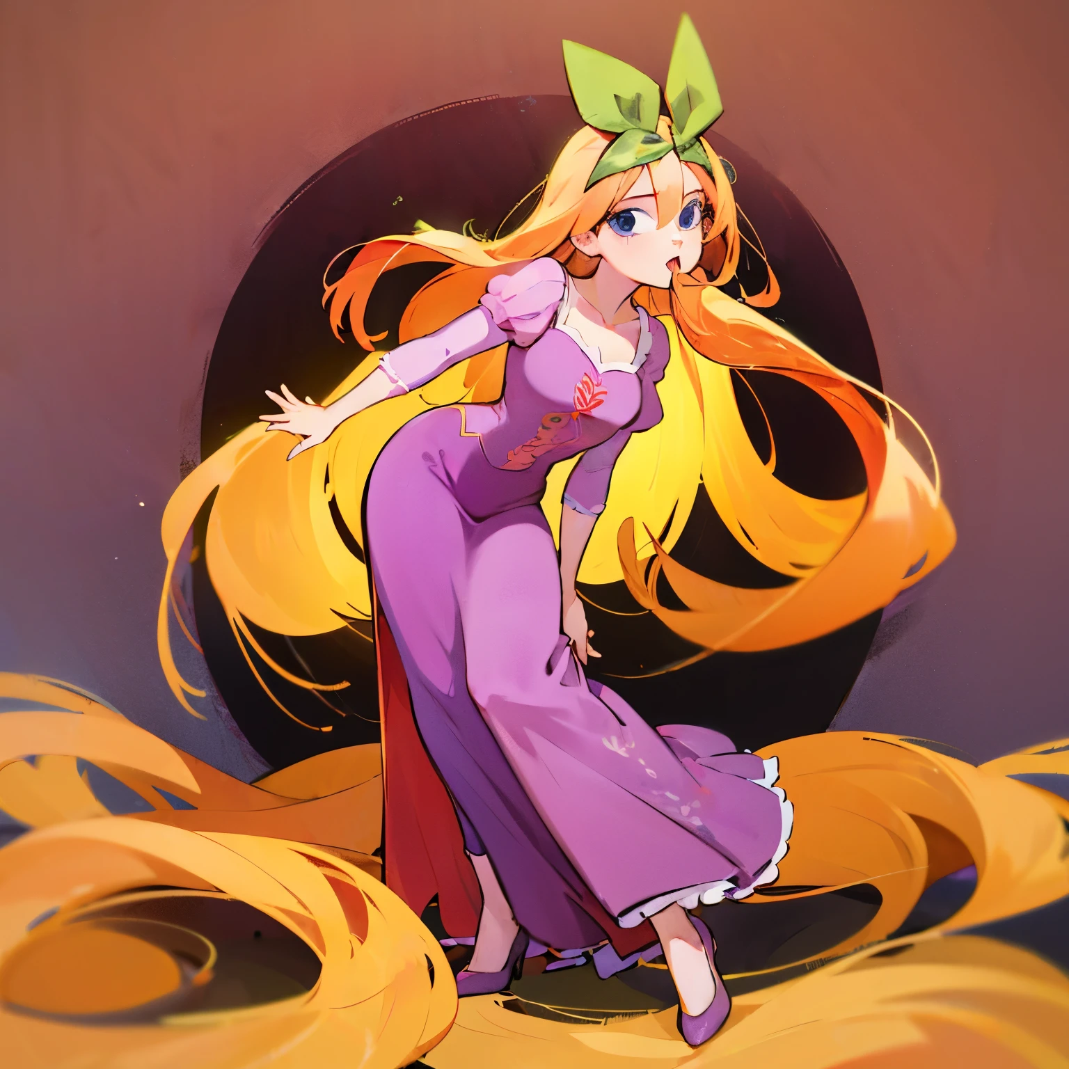 Fusion between Rapunzel from disney and Yotsuba Nakano, good fusion, excellent character design, masterpiece, 4k, perfect anatomy, perfect face, perfect eyes, 1girl, solo, full body, yotsuba nakano wearing rapunzel's dress, long long orange hair, red hair, pink hair, orange hair, extremely long hair, green ribbon on hair, hair ribbon, blue eyes, athletic, muscular, purple rapunzel dress