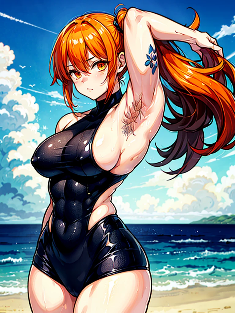 （（（masterpiece、Highest image quality、highest quality、highly detailed unity 8ｋwallpaper）））、（（Illustration of one girl））、（（（beautiful girl）））、（（orange hair、side ponytail、sidelocks：1.3、orange eyes））、（（（stocky build：1.2, thickset physique：1.3, muscular legs, broad shoulders：1.3, solid chest：1.2）））、（（（Orange hair、hairy armpits：1.4）））、(armpit hair:1.4)、swimsuit、sandy beach