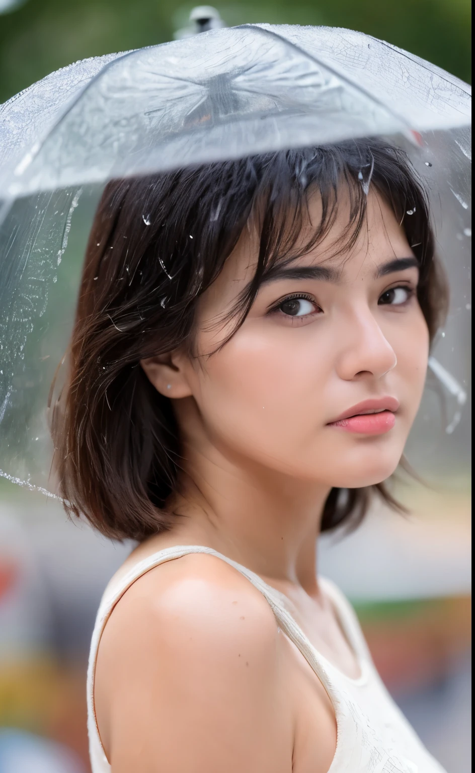 ((Best Quality, 8k, Masterpiece:1.3)), Focus: 1.2, Perfect Body Beauty: 1.4, Buttocks: 1.2, ((Layered Haircut)), (Wet Clothes: 1.1) , (Rain, Street:1.3), (Dress: 1.2), Highly detailed face and skin texture, Fine eyes, Double eyelids, Whitened skin, Long hair, (Shut up: 1.5), Bare shoulders, Shoulder close-up, (Bokeh background: 1.5)