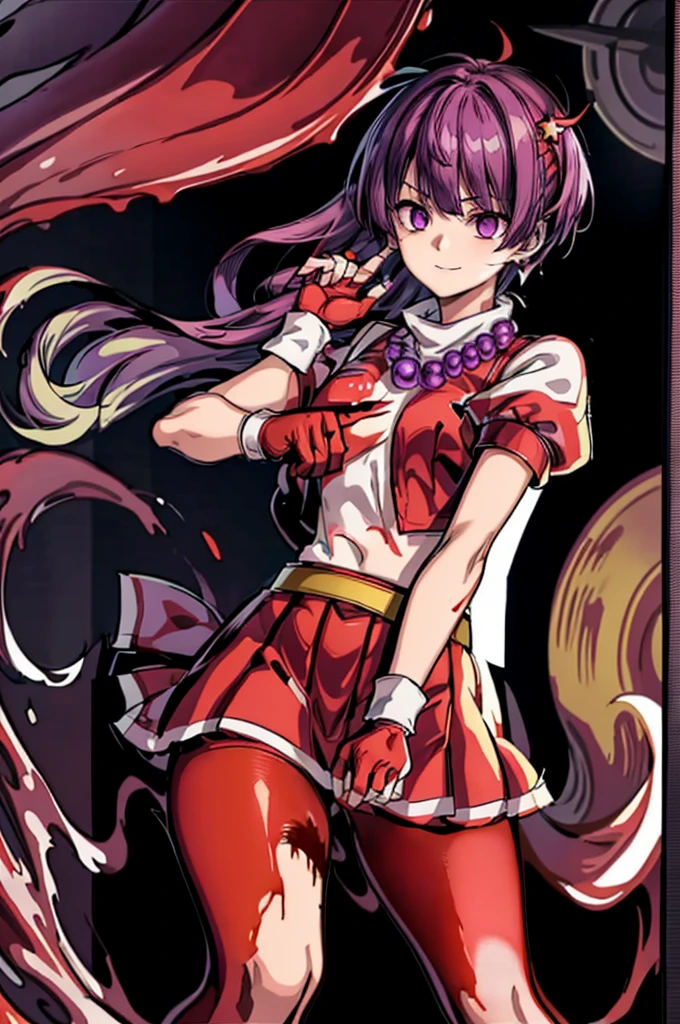 (masterpiece)、(highest quality)、(super detailed)、 perfect antomy,、intricate details、athena 97、(1 girl)、solo、purple eyes、purple hair、hair length、white earrings、red hair band、star hair ornament、Medium breathing、red vest、white turtleneck、White Puff Sleeves、short sleeve、red pleated skirt、(Crimson pantyhose:1.2)、black pantyhose、yellow belt、purple spherical necklace、red fingerless gloves、white short socks、red shoes、evil smile、NSFW、、anime style、(Blood on the face:1.4)、(combat readiness:1.6)、hypnorolla、
empty eyes,full body figure