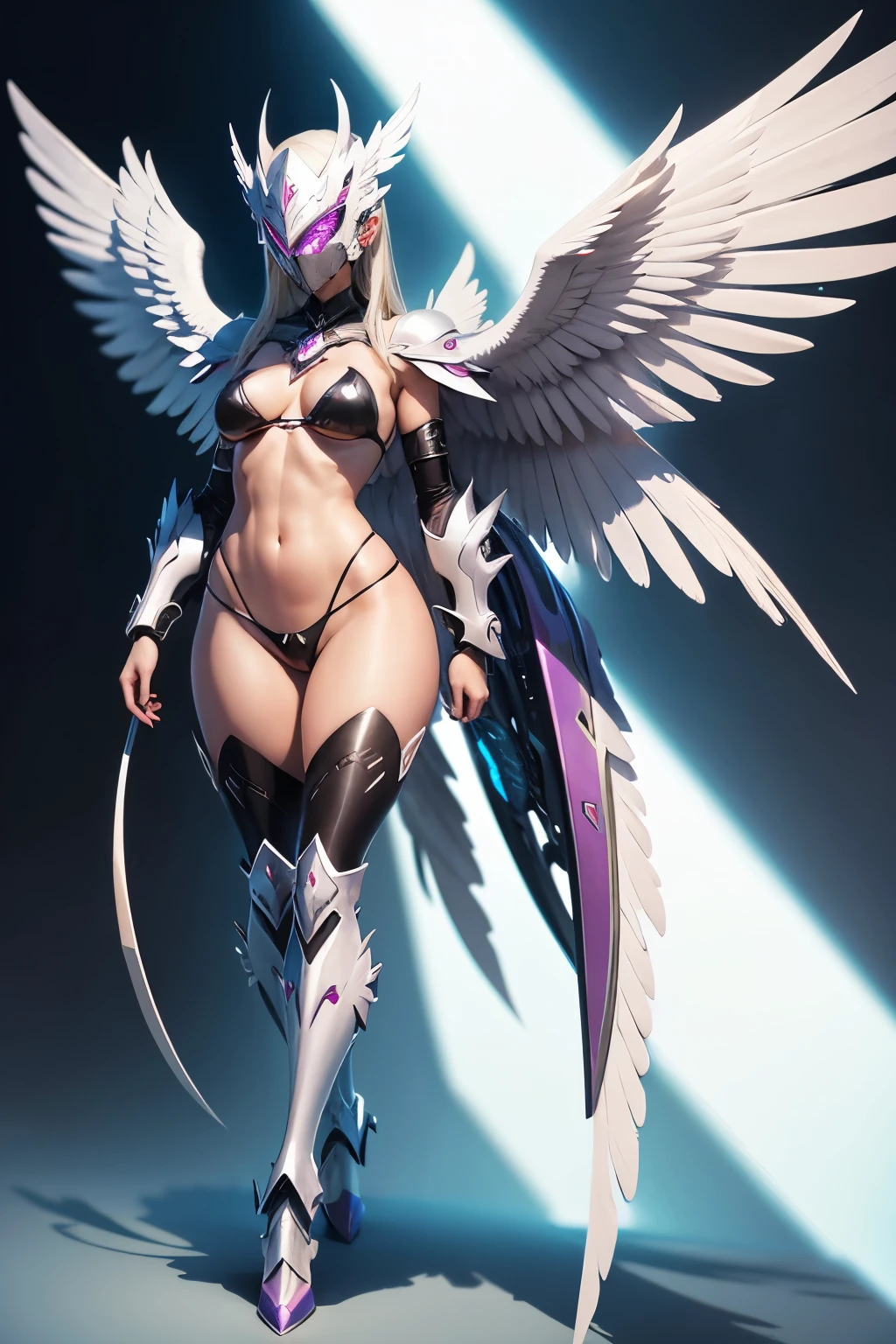 Angewomon a Digimon Archangel with the appearance of a beautiful woman wearing sexy micro string bikini and futuristic armor on the chest and futuristic boot long barrel,mask that covers the futuristic face.