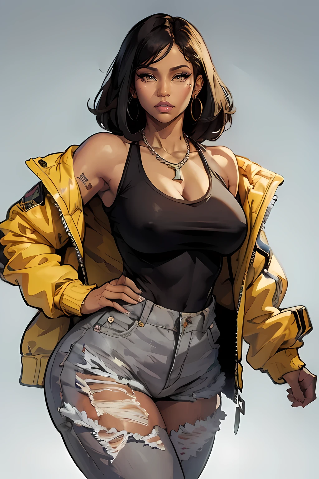 (masterpiece), (best quality), ((Nicki Minaj)), makeup, (brown skinned female), ((small breasts:1:1)), ((chubby)), hair with bangs, bomber jacket, t-shirt, ripped jeans, jewelry, necklace, ripped jeans, deep cleavage, fashion ((grey background)), contoured