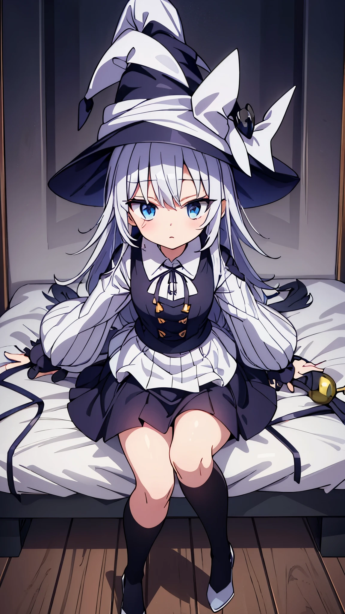 Browsing Caution,white hair,((Very small boobs)),Flat chest,loli,(clitoris, urethra, close-up crotch, crotch focus, dynamic angle),(lying), (((spread legs, showing pussy))), ((open vagina)),(witch),(sweat),on the bed,very long hair,((expressionless)),(half closed eyes)