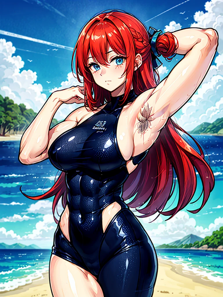 （（（masterpiece、Highest image quality、highest quality、highly detailed unity 8ｋwallpaper）））、（（Illustration of one girl））、（（（beautiful girl）））、（（red hair、Braid、sidelocks：1.2、blue eyes））、（（（stocky build：1.2, thickset physique：1.3, muscular legs, broad shoulders：1.3, solid chest：1.2）））、（（（Red hair、hairy armpits：1.4）））、(armpit hair:1.4)、swimsuit、sandy beach