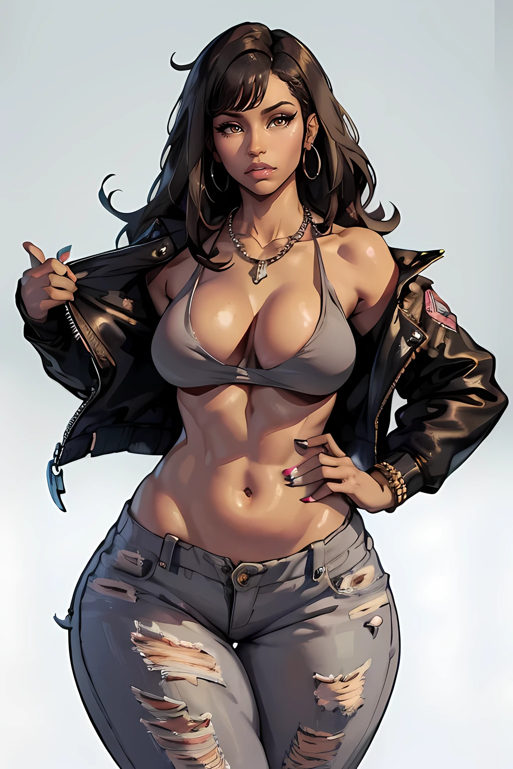 (masterpiece), (best quality), ((Nicki Minaj)), makeup, (brown skinned female), ((small ???????:1:1)), ((chubby)), hair with bangs, bomber jacket, t-shirt, ripped jeans, jewelry, necklace, ripped jeans, deep cleavage, fashion ((grey background)), contoured