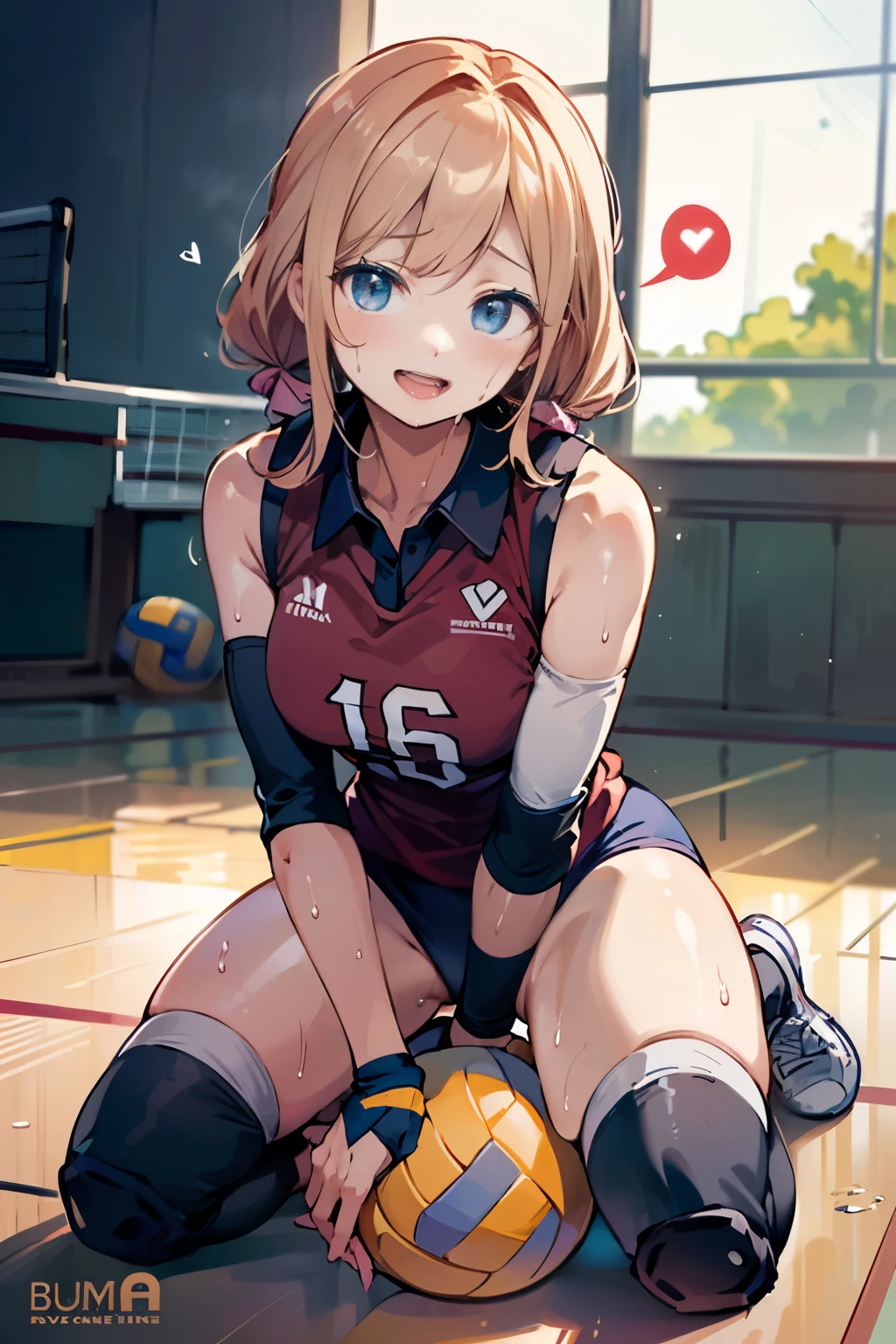unity 8k wallpaper, anatomically correct, (((masterpiece))), (((best quality))), (((ultra detailed))), (((high-resolution))), ((super fine illustration)), ((Ultimate cutie)), perfect hands, perfect finger, (((good anatomy))), detailed beautiful face, shiny hair, (((gyaru))), (potbelly), (curvy), medium breasts, ((Thick thighs)), (((solo))), ((seductive smile)), (((blush))), (half open mouth),
BREAK, (((sit astride the perfectly spherical shape 6-inch volleyball))), (((Straddling a perfectly spherical 6" volleyball))), (((Perfectly spherical 6" volleyball fits perfectly crotch))), BREAK, (((Rub the Perfectly spherical 6" volleyball against crotch))),
BREAK, (Collared volleyball uniforms), sleeveless, ((buruma)), ((kneepad)), pussy juice stained, (elbow pad), (((sweat))), (((covered in sweat))), ((deep breathing)), in Volleyball Court, indoor, lighting, looking at viewer, full body, (spoken heart)