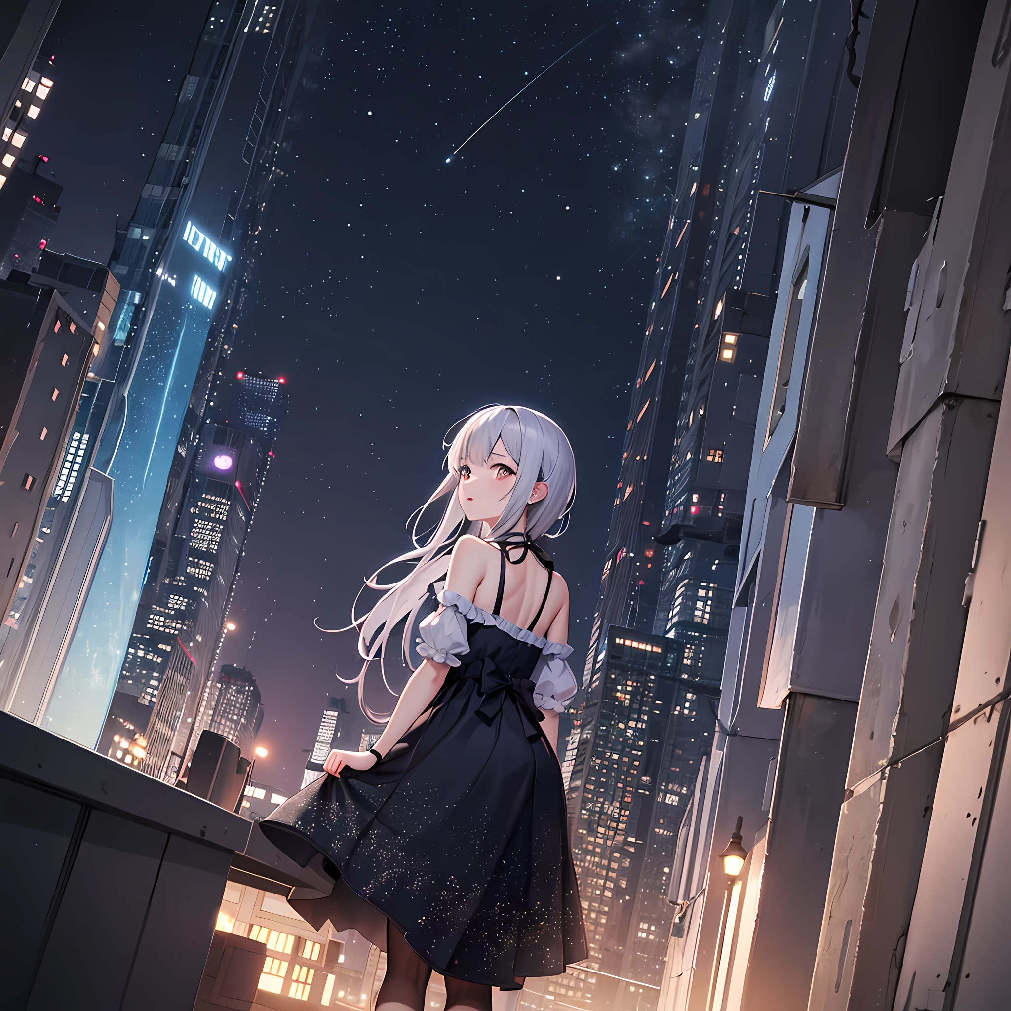 Super detailed game CG, (high resolution:1.1),(absurd:1.1), 1 girl in,  girl, alone, Simple anime, night city, Night view from above