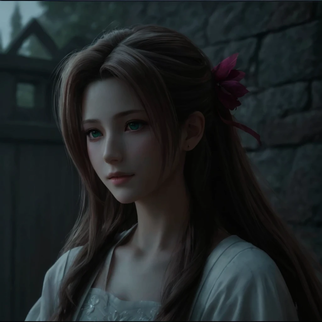 (best quality,4k,highres,masterpiece:1.2),ultra-detailed,realistic,portrait,Aerith,[Final Fantasy 7 Remake],beautiful detailed eyes,perfect face,detailed lips,symmetry,delicate face,delicate body,perfect body,physically-based rendering,vivid colors,studio lighting,green eyes,soft features,gentle expression,flowing hair,sparkling eyes,flawless skin,gorgeous,ethereal atmosphere,subtle makeup,beautifully rendered,textured clothing,graceful pose,aesthetically pleasing,bokeh