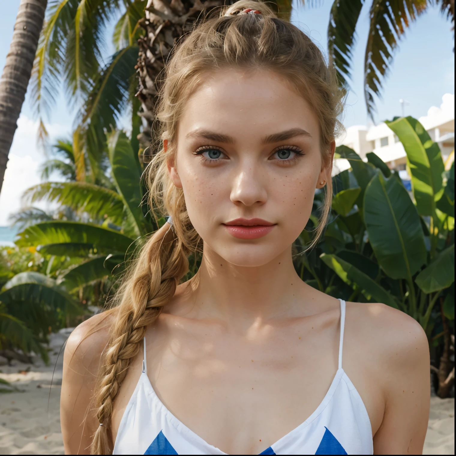Beautiful skinny girl, elongated face and thin chin, freckles, blonde, blue eyes, red lipstick, beautiful makeup, white skin, with patterned top , shorts, in the beach , ponytail hair