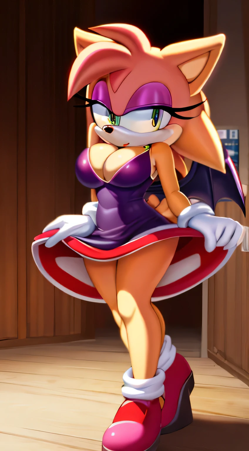 (masterpiece), (8k, high resolution), sonic, vanilla the rabbit fusion with amy rose fusion with rouge the bat, sexy, cleavage, wearing sexy dress, dark clothing, eyeshadow, eyelashes, menacing look, sultry, dark room