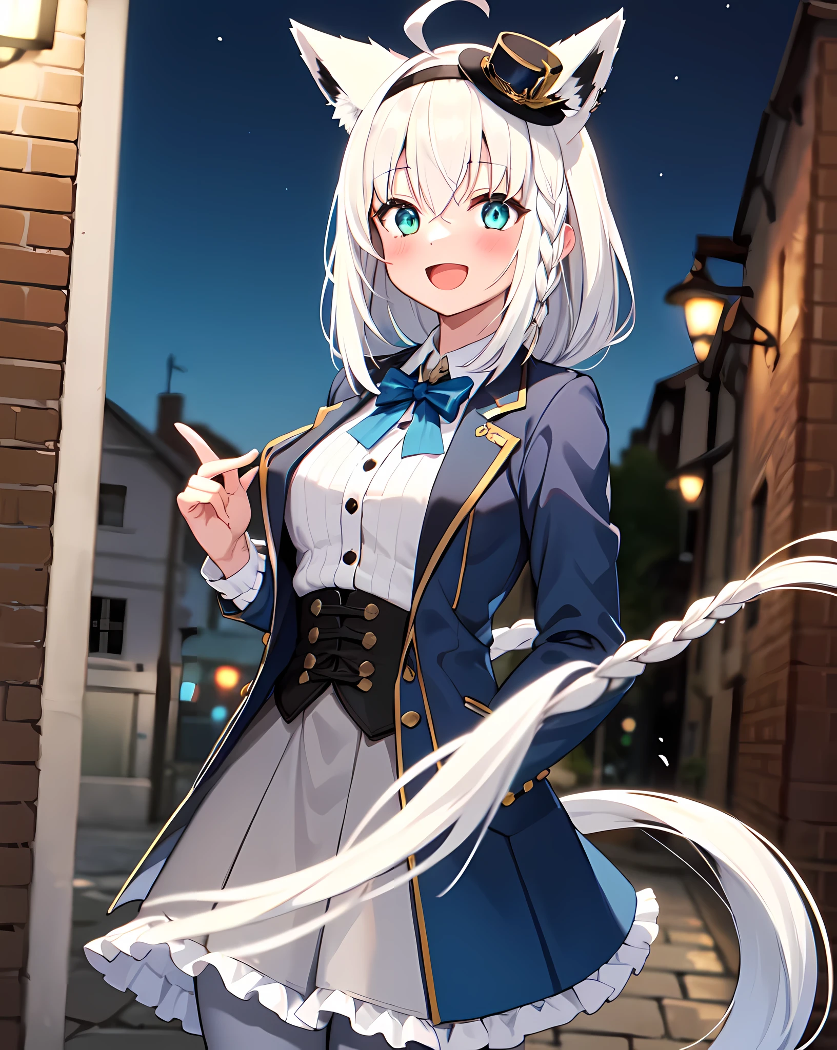 1 girl, alone, towns, Cobblestone road, night, new moon, Cowboy shootingBREAK fubukielegant, blue surcoat, blue bowtie, Button corset, collared shirt, long skirt, gray skirt, decorate, (white pantyhose:1.4), Mini hats, Top hat, Headband, braidedponytail, white hair, Single-sided weaving, ahog, fox tails, :d