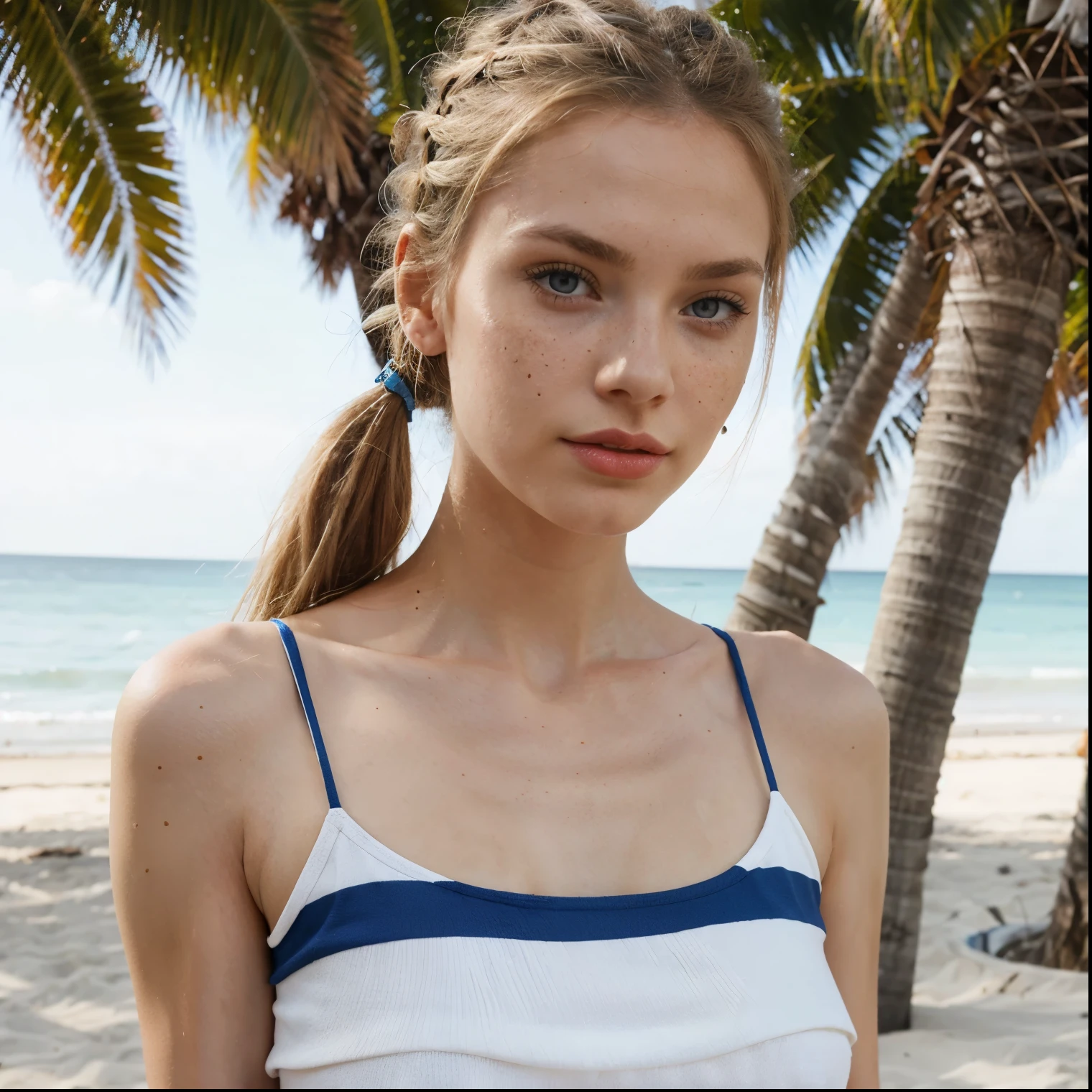 Beautiful skinny girl, elongated face and thin chin, freckles, blonde, blue eyes, red lipstick, beautiful makeup, white skin, with patterned top , shorts, in the beach , ponytail hair, with tatoo