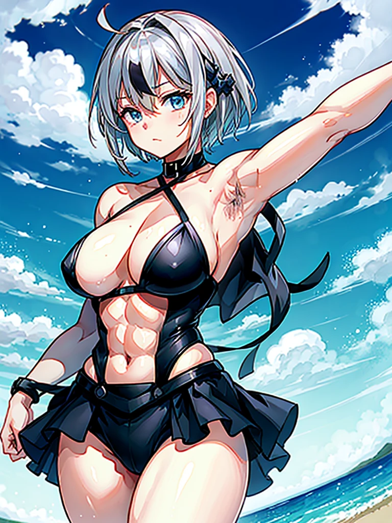 (((masterpiece、Highest image quality、highest quality、highly detailed unity 8kwallpaper)))、((Illustration of one girl))、(((beautiful girl)))、((white hair、short hair、crew cut:1.2、light blue eyes))、(((stocky build, thickset physique, muscular legs, broad shoulders, solid chest:1.3)))、(((White hairs、hairy armpits:1.4)))、(armpit hair:1.4)、swimsuit、sandy beach