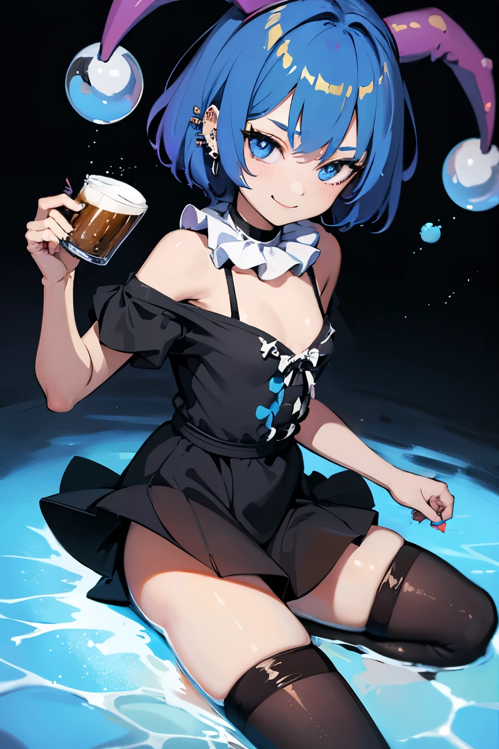 young girl, blue hair, clown girl, painted face with white, clown picture, 18 years old, small breasts, small biotype, bob hair, tattoed arms, black tattos, piercings in face, , black dress, black letter dress, short dress, punk dress, wearing fishnet stockings, black boots, smiling, looking at viewer, holding beer cup, 4k, masterpiece
