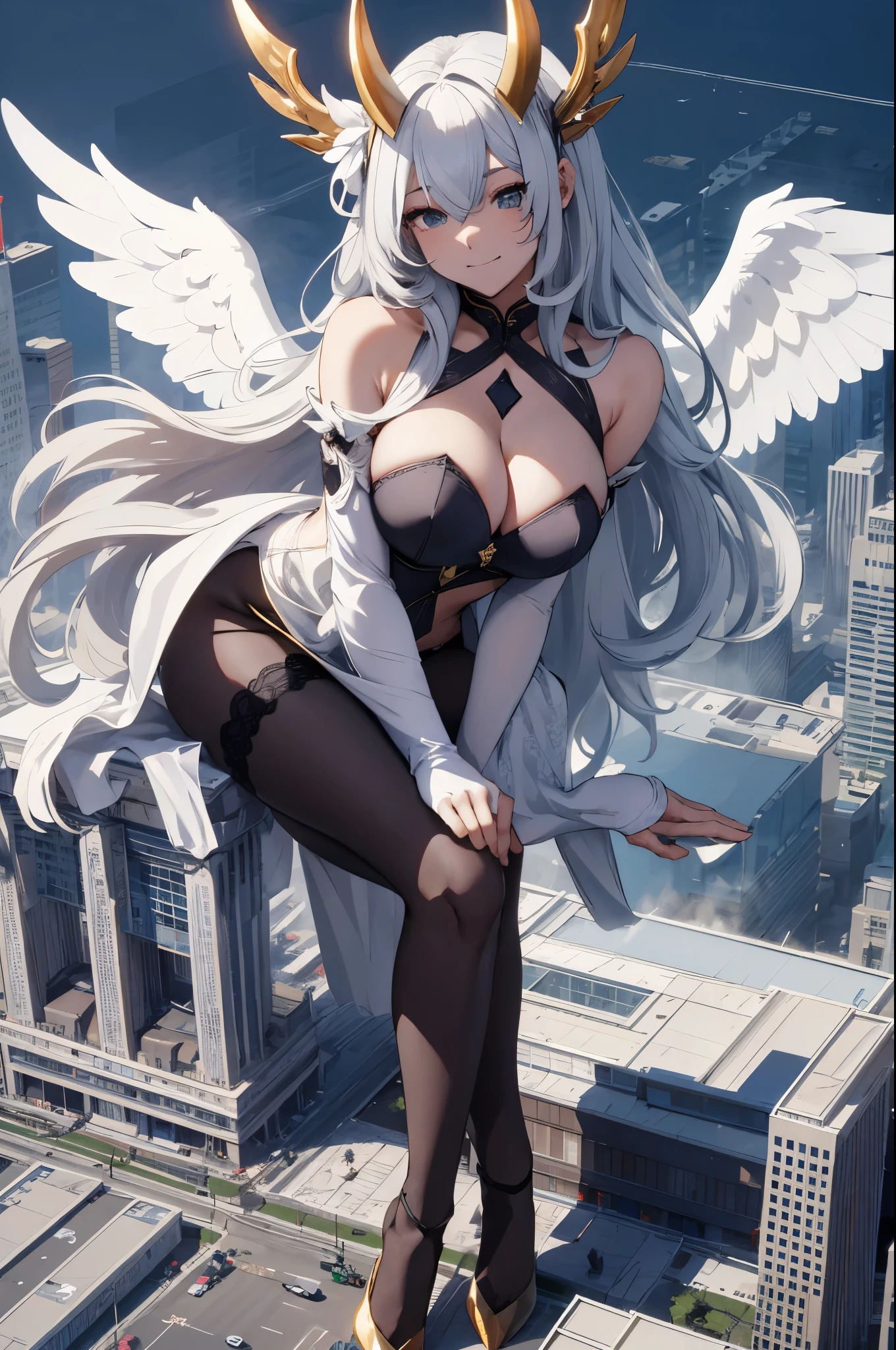 Aerial View,giant girl 50,000 feet high,Have a pair of long legs,Has a pair of huge angel wings,With huge devil horns on his head,Has white waist-length hair,loose hair,Wearing a pair of Mary Jane heels,white wavy hair,lace gloves,lace pantyhose,蕾丝whole body,leaning upright on a tall building,城市到处是blood stains,Beautiful appearance,Exquisite makeup,quality,8k,高quality,(governor:1.5),Perfect proportion, Cinema lighting,film grain,Fuji colors,8k,textured skin,Super details,high detail,high resolution,explode,fake smile,blood stains,脚底有blood stains,whole body,Fat stature