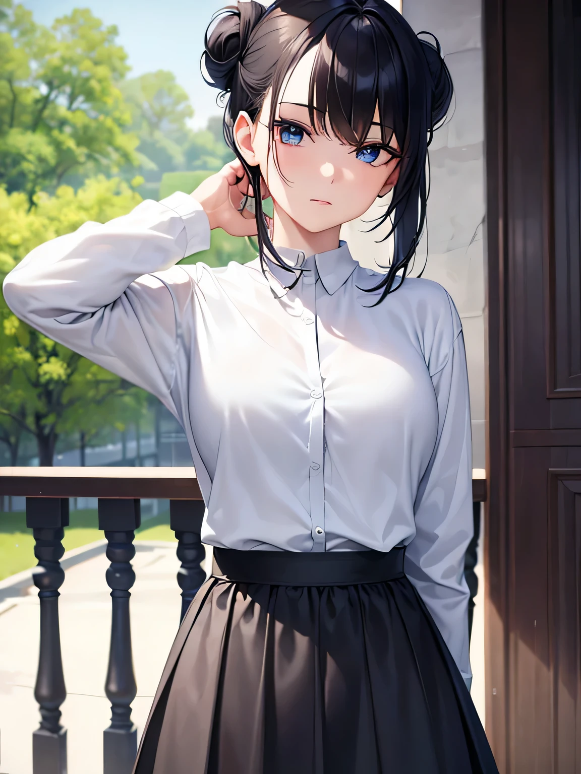 (best quality), (masterpiece), 1080p, hd, 4k, 8k, pretty face, beautiful, pretty hands, incredible, beautiful eyes, red-black hair, bun tied hair, hair lenght to shoulder, blue eyes, long eyelashes, grey long sleeve shirt, black mid-long skirt