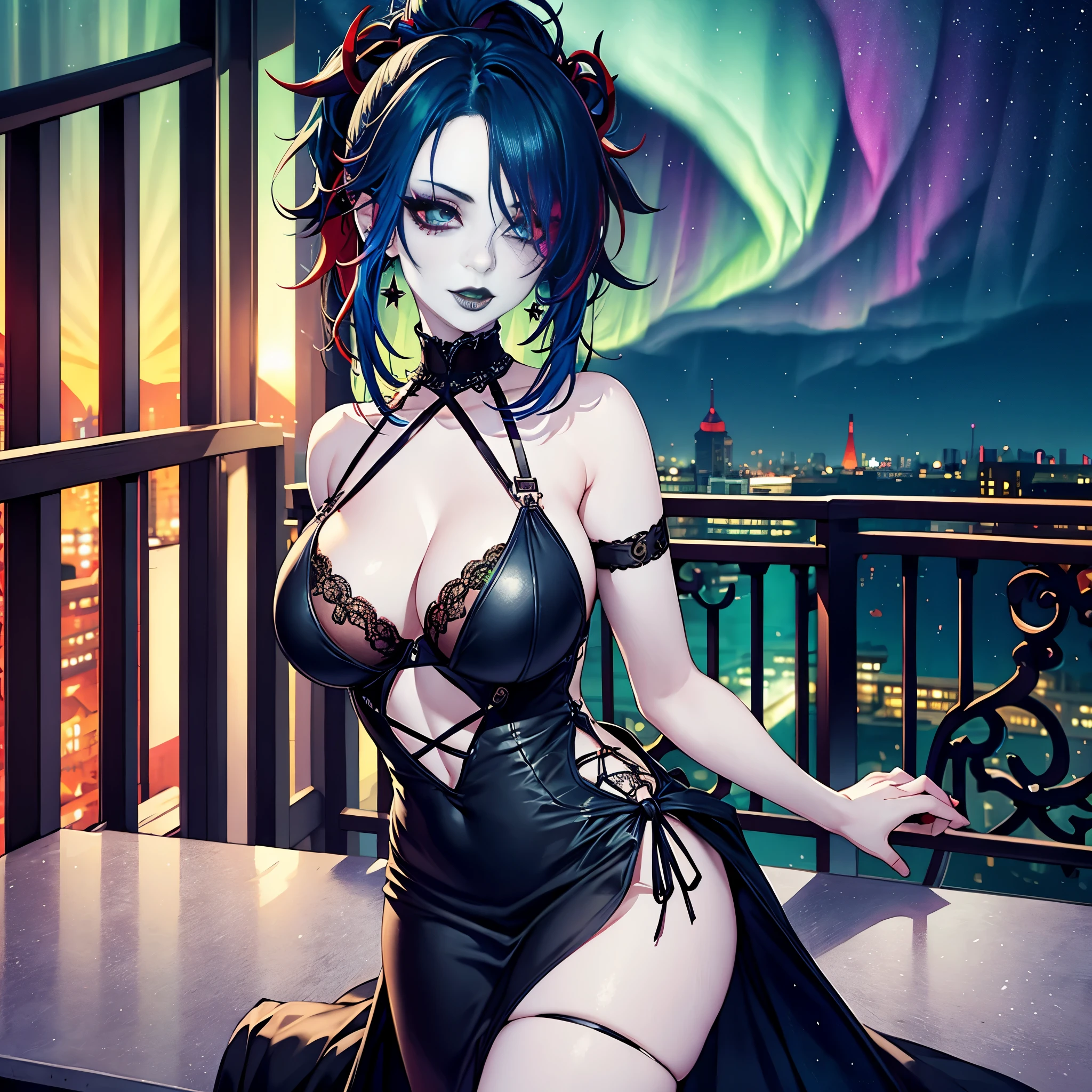 goth, excited, pale skin, smoky eyes, vivid colors, wild hairstyle, red and blue hair, green lips, hotel balcony at night, leaning over balcony, leaning, body view, huge breasts, starry sky, aurora borealis, 