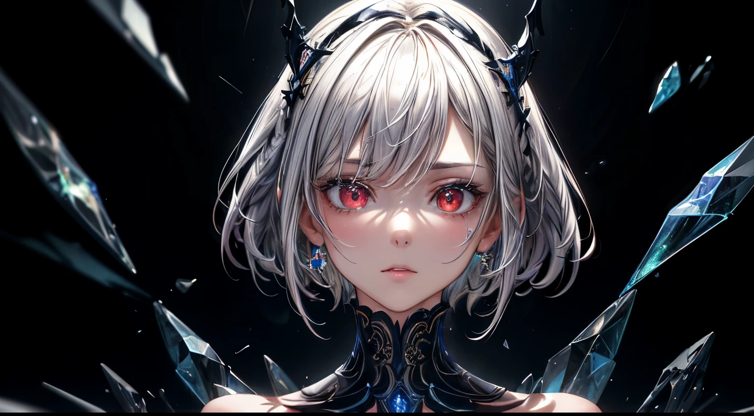 (masterpiece, best quality, ultra-detailed, best shadow), (detailed background,dark fantasy), (beautiful detailed face), high contrast, (best illumination, an extremely delicate and beautiful), ((cinematic light)), colorful, hyper detail, dramatic light, intricate details, (1 girl, solo,white hair, sharp face,short hair,red eyes, hair between eyes,dynamic angle), blood splatter, swirling black light around the character, depth of field,black light particles,(broken glass),magic circle,