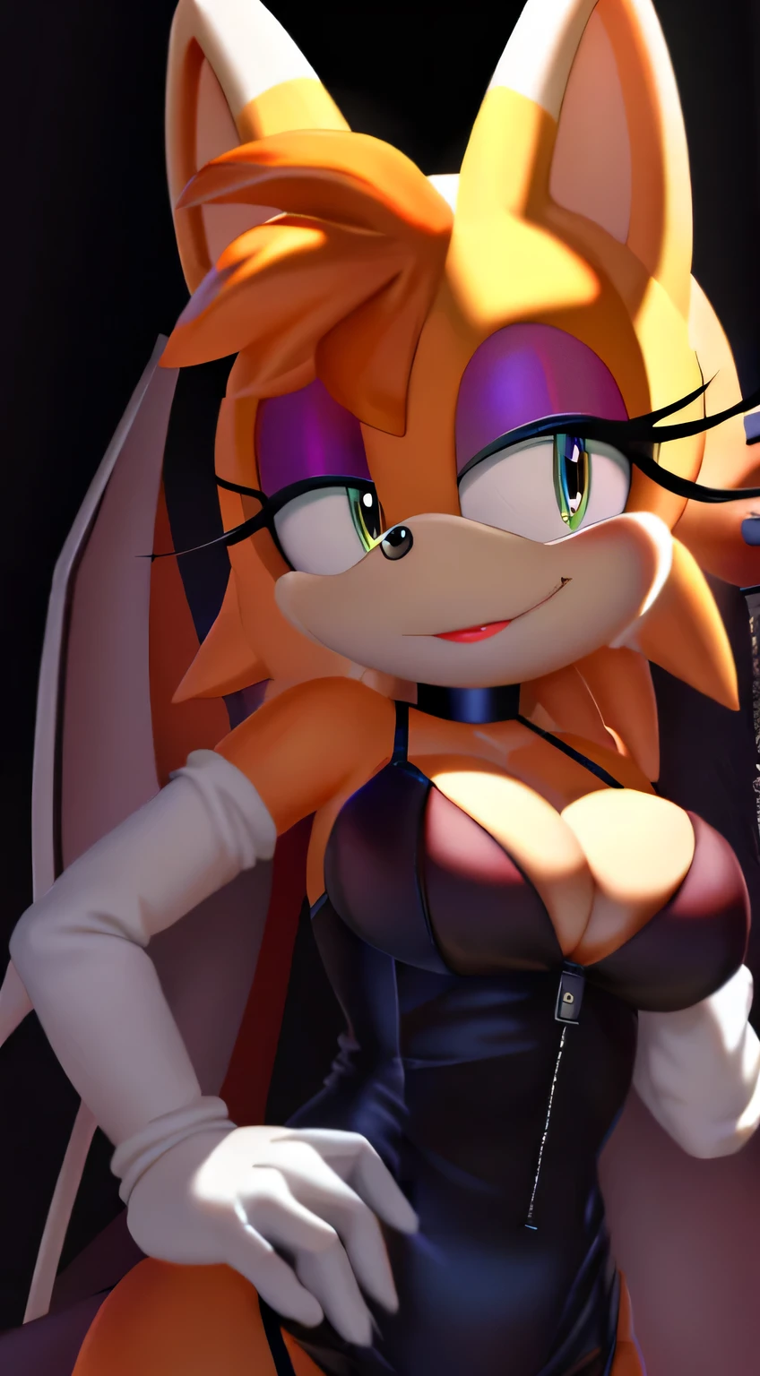 (masterpiece), (8k, high resolution), sonic, vanilla the rabbit fusion with amy rose fusion with rouge the bat, sexy, cleavage, eyeshadow, eyelashes, menacing look, sultry, dark room, highly detailed image