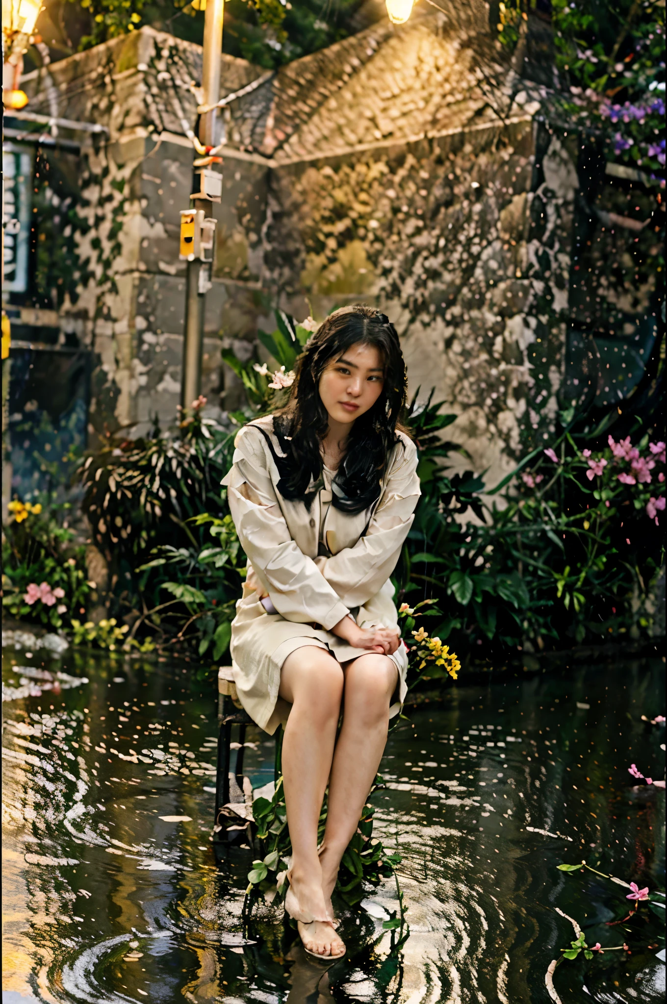 Promt: a rainy night in an old street with wild flowers along the road, yellow street lights and reflections on the wet pavement, a wind blowing the flower petals into the rainwater, a beautiful Asian girl in a floral dress sitting under a lamp post and crying, her black hair shining in the light, a young man standing in front of her with an umbrella, looking at her with a sad and helpless expression, his hair and clothes soaked in water, the image is detailed, realistic, and classic, taken by a high-end Fuji camera, the color and style are like a Korean movie with a Japanese youth vibe