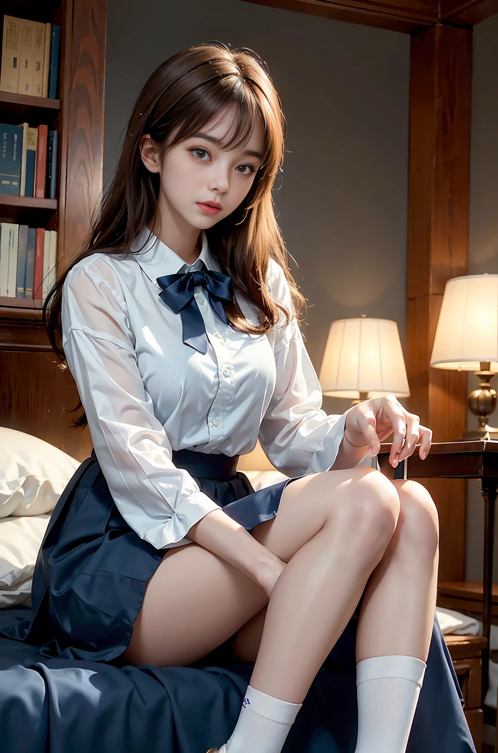 20 year old woman, (high top faded: 1.3), (low(low)), (soft focus), HD, masterpiece, HD, HD, 4K, 超HD, Very realistic shadows, Surrealism, 戏剧性的lamp光, a girl, alone, Detailed face, lifelike眼睛, lifelike皮肤, dynamic hair, dynamic poses, dynamic angle, (White shirt), (dark blue bow tie) , (((Dark blue long skirt)))), ((White hem socks))), library background, (original photo: 1.2), (lifelike: 1.4), beautiful and delicate woman, Extremely detailed eyes and face, beautiful and delicate eyes, File size is large, 一个Very detailed的, high resolution, Very detailed, best quality, (bright interior), (soft light), (low对比度), ( See deeply), (Portrait of a beautiful woman illuminated by soft light), (Very delicate and elegant depiction), (short bangs), (Head color is dark chestnut,Slightly brownish), (Subtle and silky waves), (long hair两侧错综复杂地编织小辫子), ((White hem socks))), illustration, Very detailed, BAPV, unity, 8k wallpaper, amazing, Exquisite details, best quality, Highly detailed integrated 8K wallpapers so far this year, Coordinating Minister, lamp, 1 girl, 25 years old, (((No)), (camel toe), (half), (Sit on bent knees and legs)), long hair, dark theme, soothing tone, pastel colors, high contrast, (natural skin texture, Surrealism, soft light, No耐烦), Capturing the serene beauty of a young woman immersed in the peaceful atmosphere of a library.. Soft diffused light gently illuminates her features., It emphasizes her sophisticated look and creates a calm atmosphere. Library shelves filled with books,Provide background on knowledge and wisdom. It focuses on capturing models'Natural charm and elegance, Stay calm and considerate the essence of the moment. Cute 21 year old Japanese gravure model,Soft body, gray brown wavy hair, Decorate with ribbon, charming appearance. She wears a frilly white blouse, Blue ruffled skirt and white ruffled socks. sitting on bed, She hugged her knees,Staring at the camera, Exudes melancholy charm. Create scenes where beauty and ephemerality intertwine, national foundation
