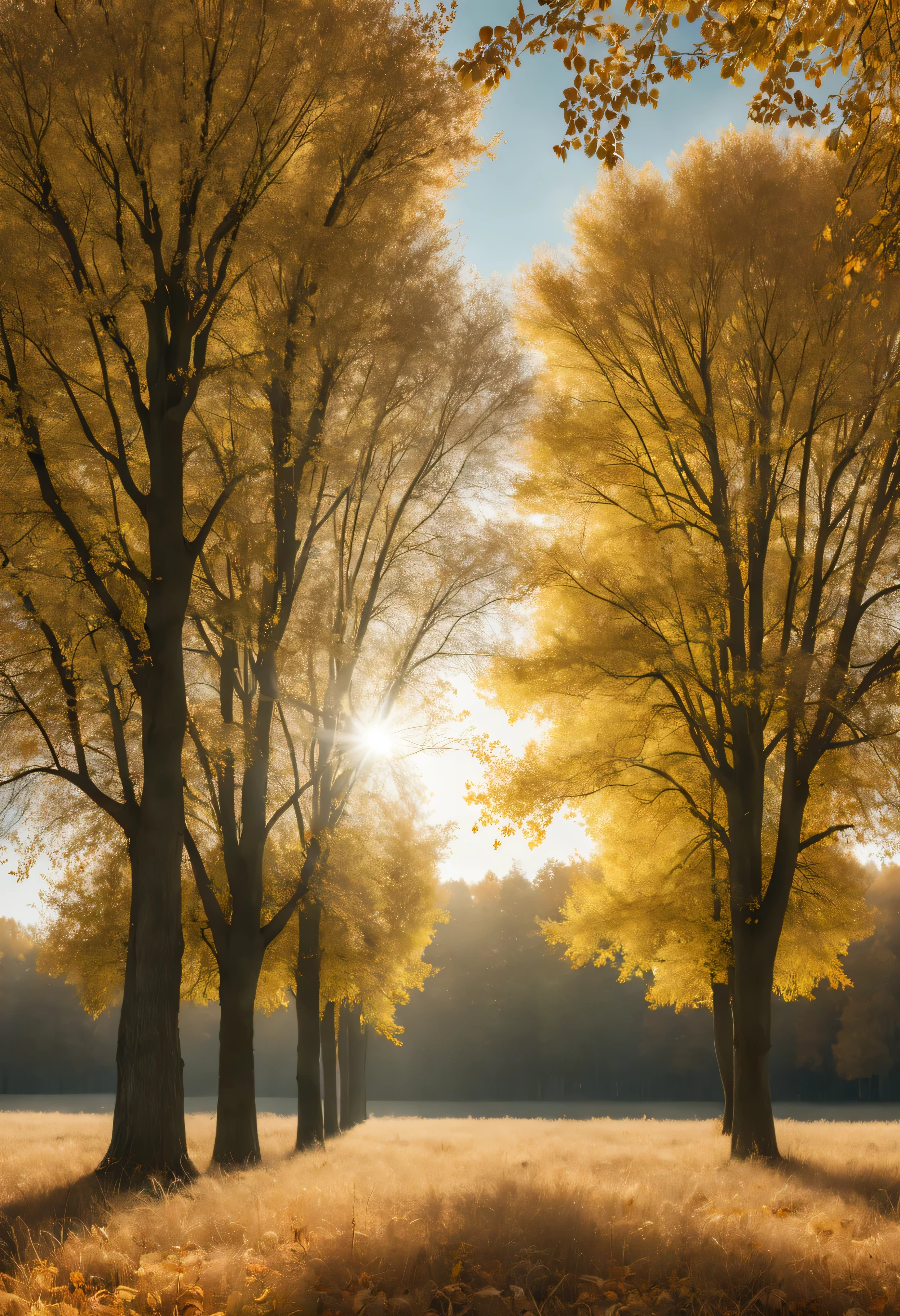sunny day in the countryside with autumn trees, foto cruda, small details, fotorrealista, Foto ultrarrealista, 8k UHD, digital slr camera, Soft lighting, alta calidad, film grain, Fujifilm XT3