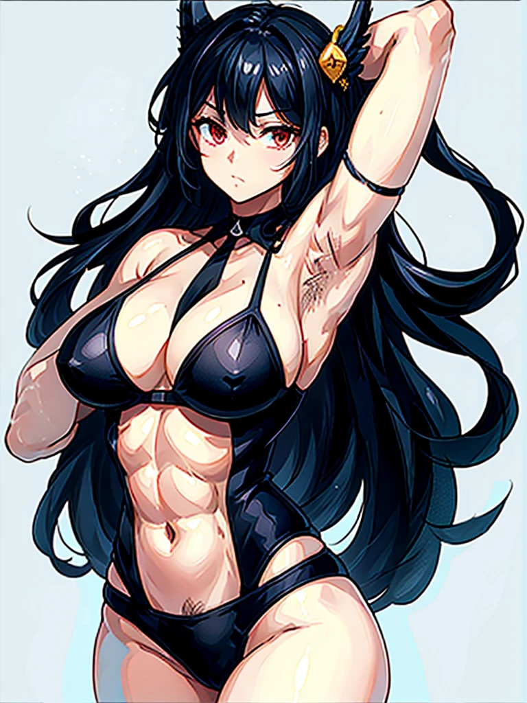 (((masterpiece、Highest image quality、highest quality、highly detailed unity 8kwallpaper)))、((Illustration of one girl))、(((beautiful girl)))、((black hair:1.3、straight hair、Very Longhair、golden hair ornament、red eyes))、(tall:1.3、stocky build:1.3, thickset physique, muscular legs, broad shoulders, solid chest)、(((black hair、hairy armpits:1.4)))、(armpit hair:1.4)、swimsuit、sandy beach