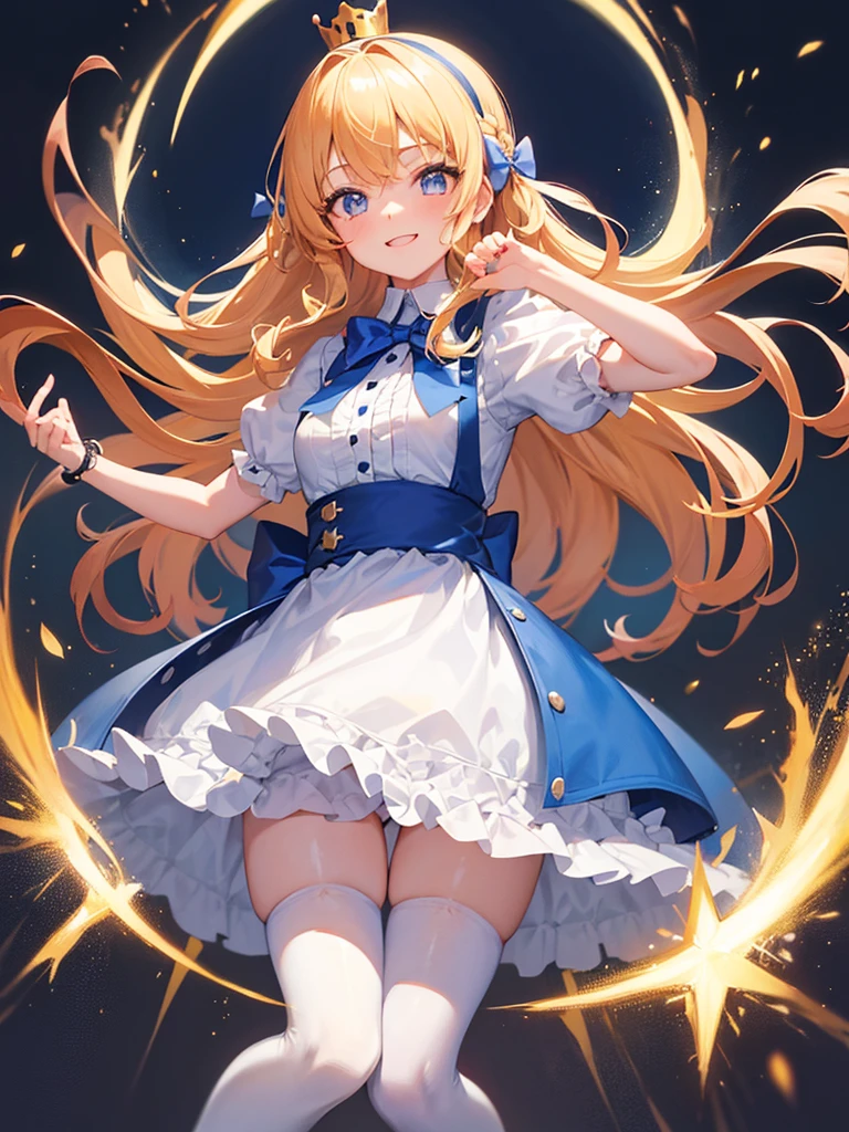 photo realistic, (masterpiece,best quality:1.4),(8k,raw photo,photo realistic:1.2), detailed skin, detailed face,1girl,Japanese idol,cute face, little girl, Not Safe for Work, (raw photo, photo realistic: 1.2), 1 girl in, length hair, blue eyes, blonde hair, light smile, ((shiny wavy hair)), diadems, jumping, A pose where can you be seen from below, doress, (clock, wonderland), gothic dresses, shairband, movement, looking at the viewers, shortsleeves, the bow hair, blue shairband, a smile, red blush, hand on own face , Blue Doress, Alice (Alice in Wonderland), White frilled legwear, ((Blue the Bow)), A Throne, Puffy Sleeves, Put Your Hand on Your Cheek, Bangss, Apron Dress, shortsleeves, ((Blue bow ribbon)), long hair, (mini crown), foot out of frame, frilld, white gothic dresses,: q, masterpiece, top-quality, (worn skirt, twat, camel's toe)), not safe for work, Little Girl, child, 14 yo, braided bangs, (((trading card))),